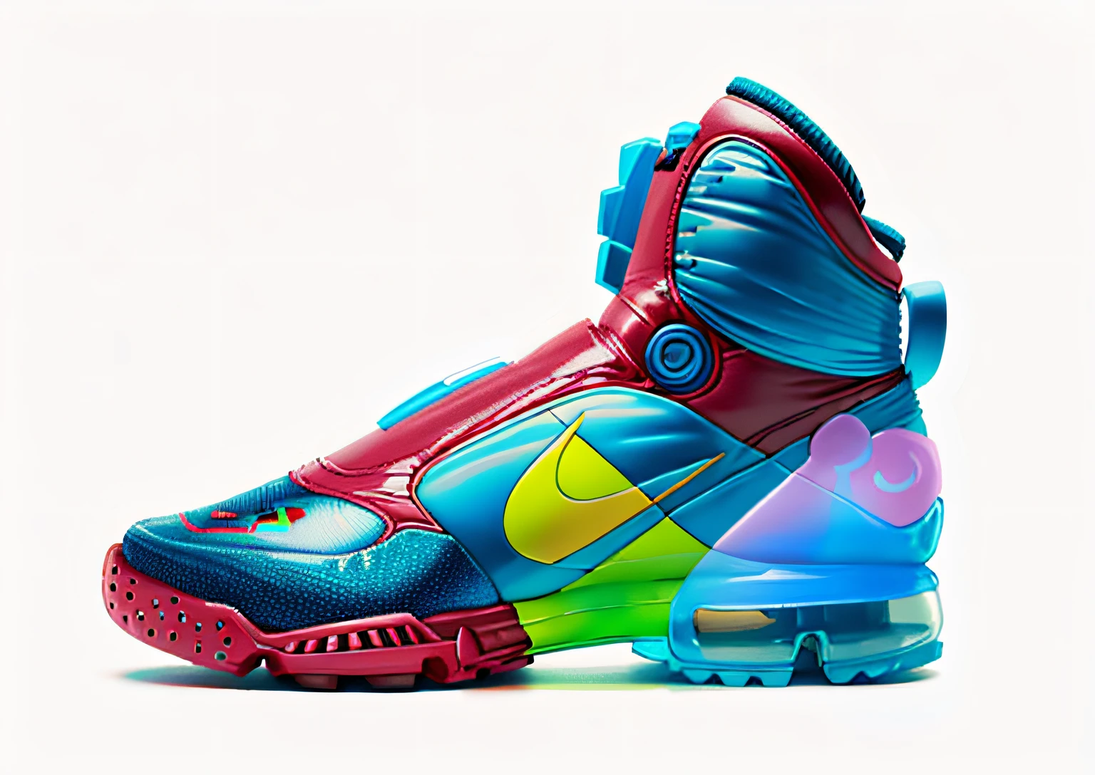 Zapatilla Nike inflable, colores, bolitas de colores, futurista retro, zapatilla de tela de campera inflable