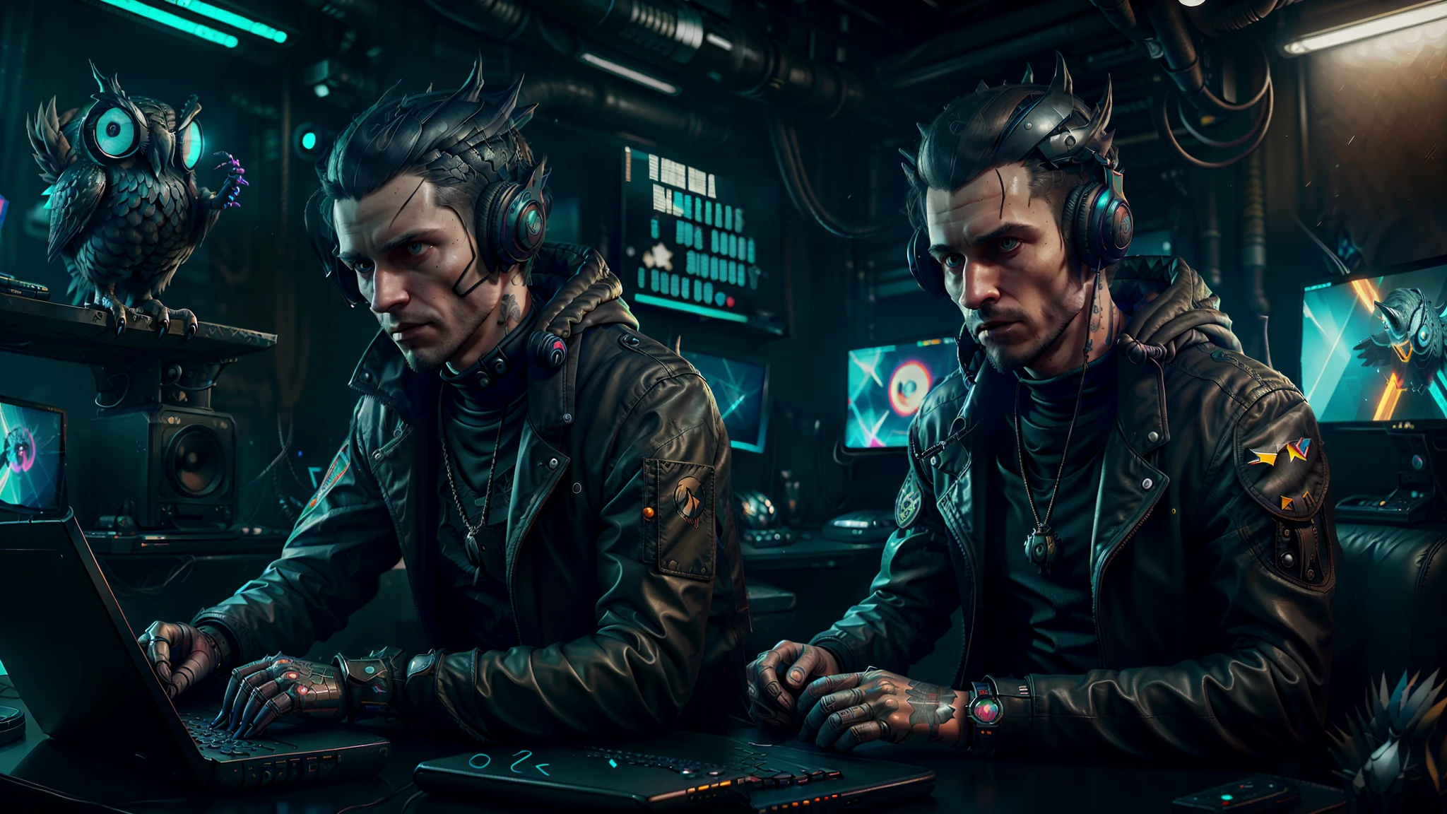 a man wearing a black jacket, with headphones, sitting in front of a computer, computer in the background, cyberpunk style, with an owl on his lap, ornaments on his feathers, computer graphics by Paul Kelpe, winner of the pixabay contest, computer art, rendered in cinema4d, rendered in unreal engine, rendered in maya,