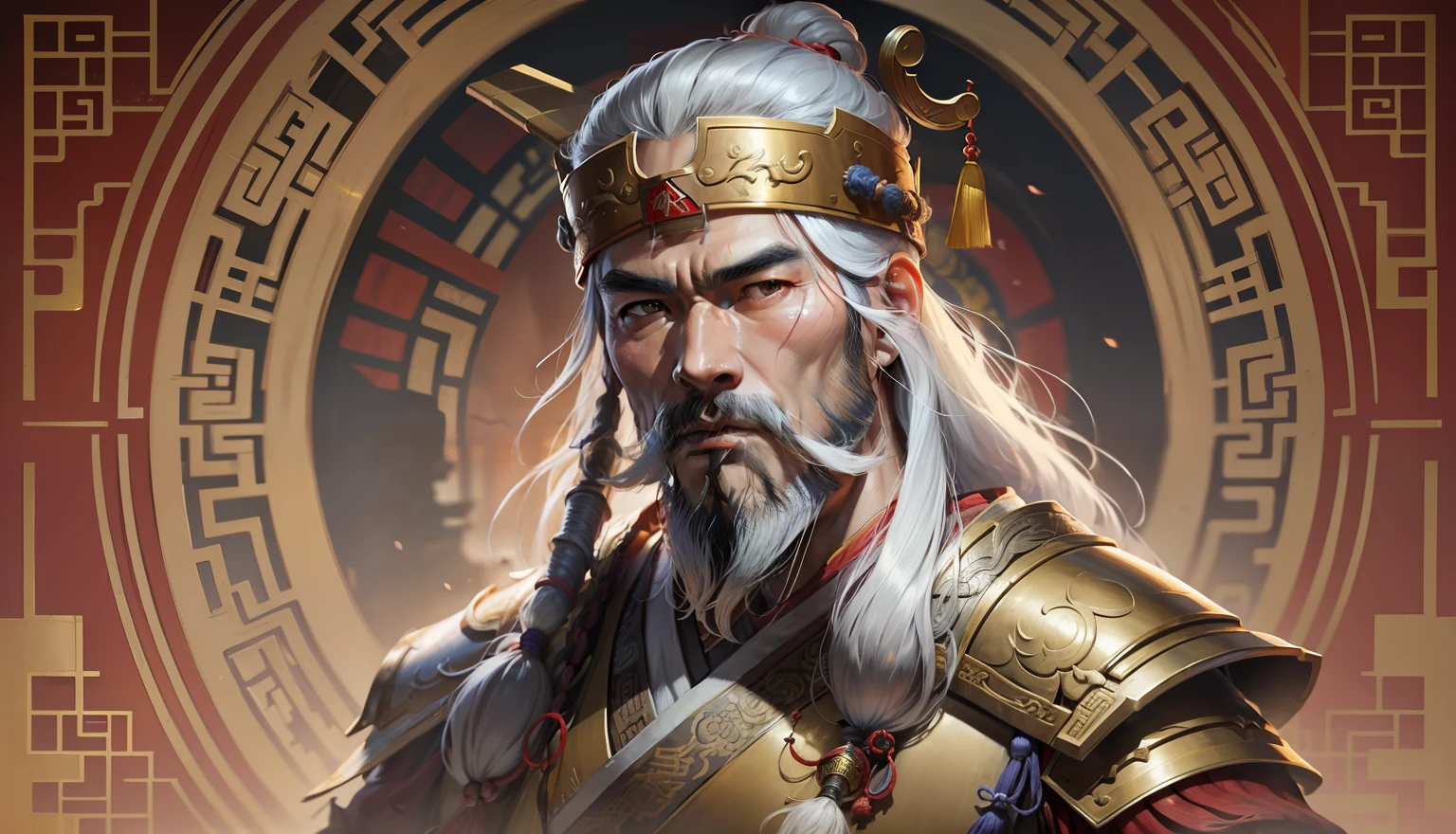 Military General of the Three Kingdoms, Huang Zhong, Barbe blanche, Barbe longue, golden armor, arc, 60 ans, Chinois, Un