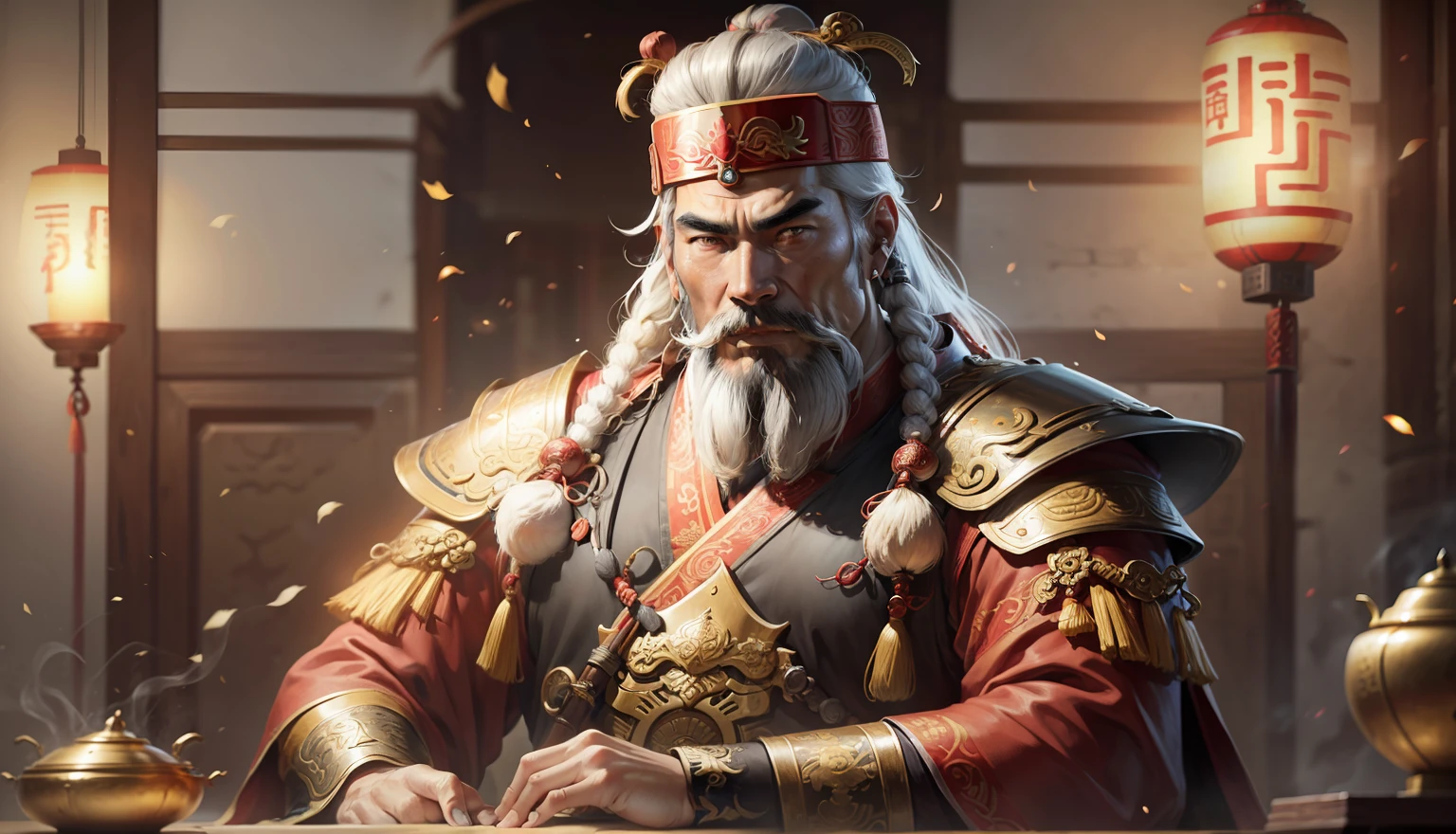 Military General of the Three Kingdoms, Huang Zhong, Barbe blanche, Barbe longue, golden armor, arc, 60 ans, Chinois, Un