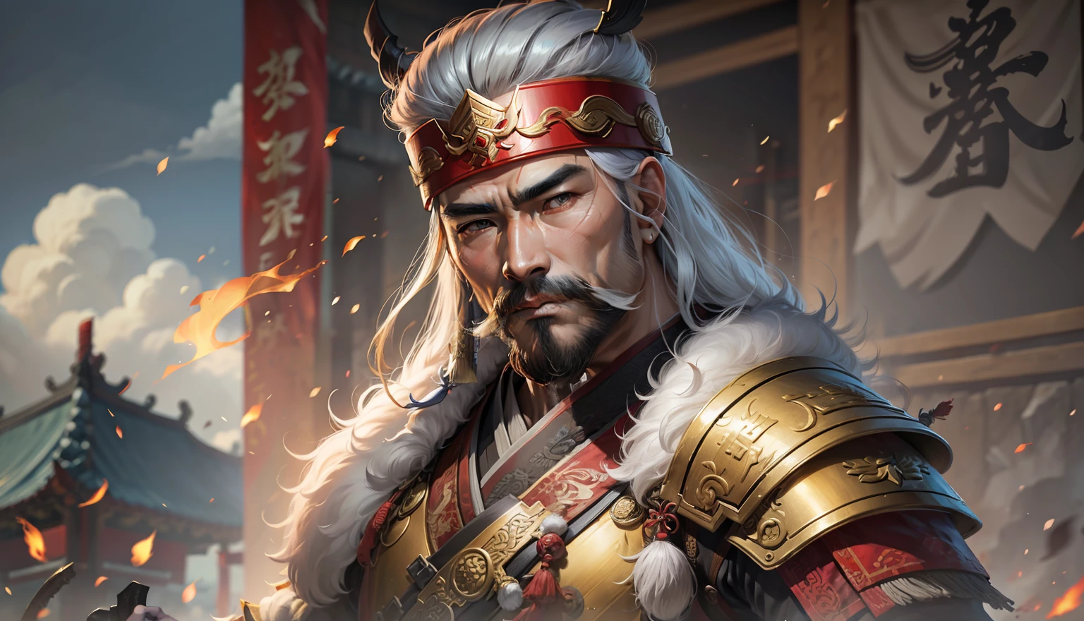 Military General of the Three Kingdoms, Huang Zhong, Barbe blanche, Barbe longue, golden armor, arc, 60 ans, Chinois, Un