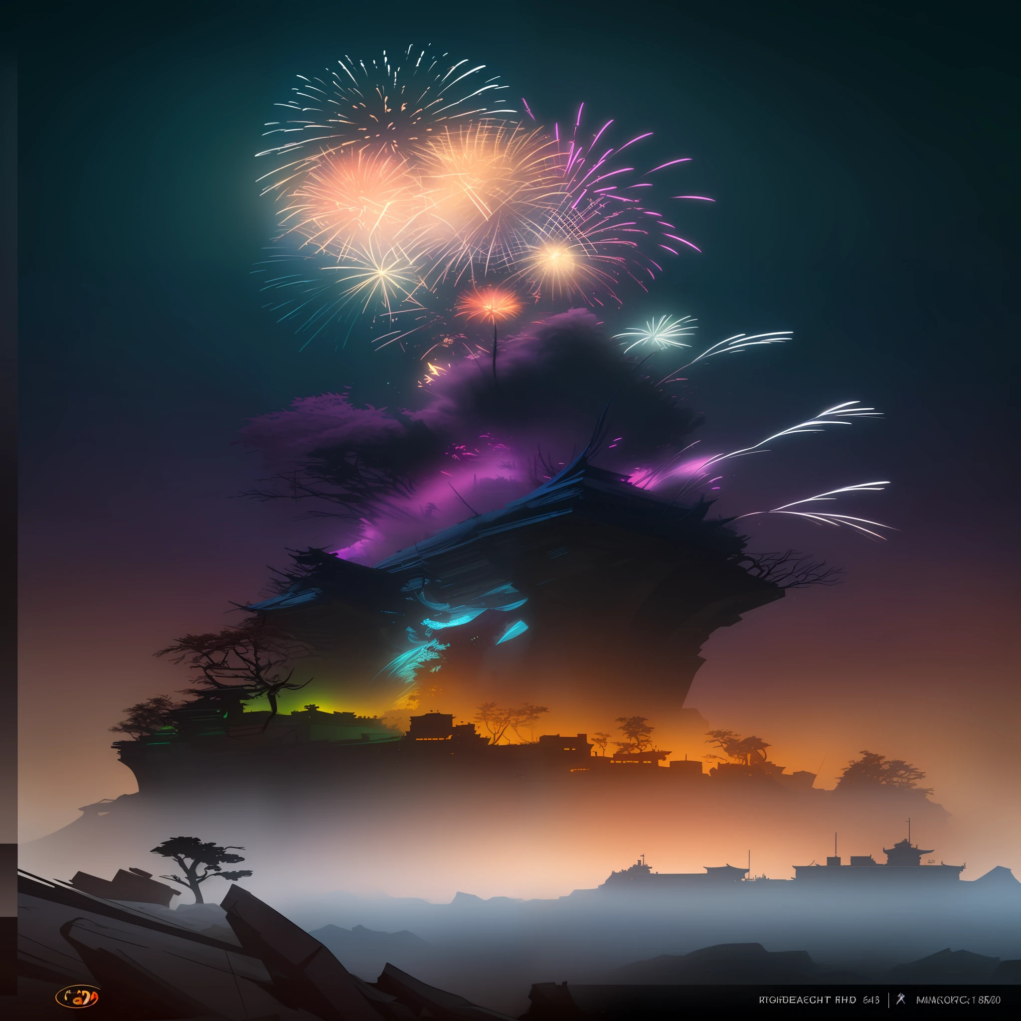 **In the style of hideo kojima, A vibrant fireworks display illuminating the night sky during a summer festival, japanese shodo style, symbolizing the transient beauty of life, locked in a powerful hold. Vivid digital art rendering 32k UHD, professional photography, Hasselblad camera, ultra - sharp Intricate details, , WLOP, Alphonse Mucha dynamic lighting hyperdetailed intricately detailed Splash art trending on Artstation triadic colors Unreal Engine 5 volumetric lighting intricate details, HDR, beautifully shot, hyperrealistic, sharp focus, 64 megapixels, perfect composition, high contrast, cinematic, atmospheric, moody Hyperrealistic, splash art, concept art, mid shot, intricately detailed, color depth, dramatic, 2/3 face angle, side light, colorful background Pixar, Disney, concept art, Maya 3D, ZBrush Central 3D shading, bright colored background, radial gradient background, cinematic, Reimagined by industrial light and magic, 4k resolution post processing trending on Artstation Unreal Engine 3D shading shadow,show Japan in festival