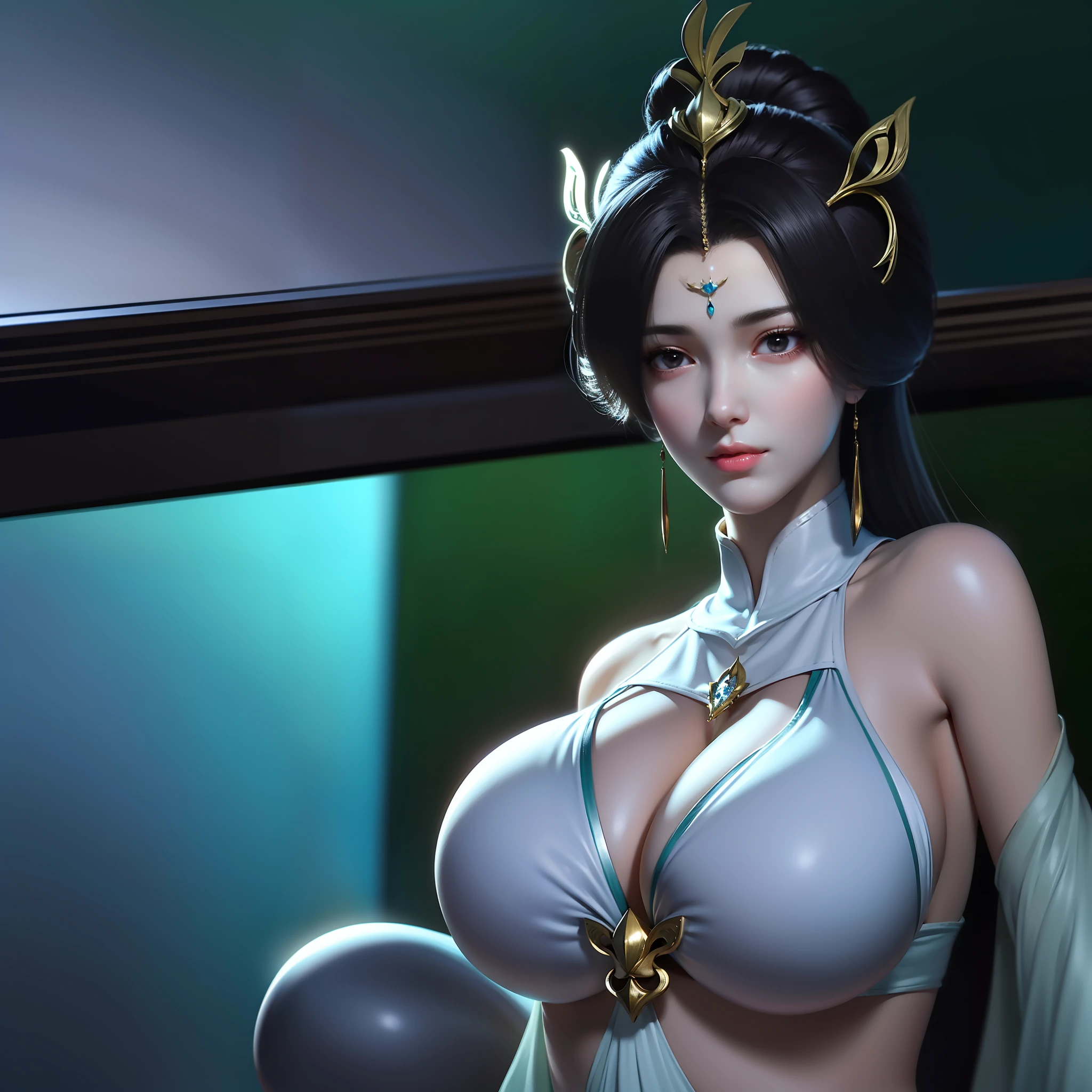 tmasterpiece,best qualtiy,one-girl,wearing a white bikini,Indoor semi-horizontal,looking to the camera,(huge tit),Higher brightness,Natural soft light,Backlight,Graphics card rendering,Super detailed details,Highest high resolution,closeup of face