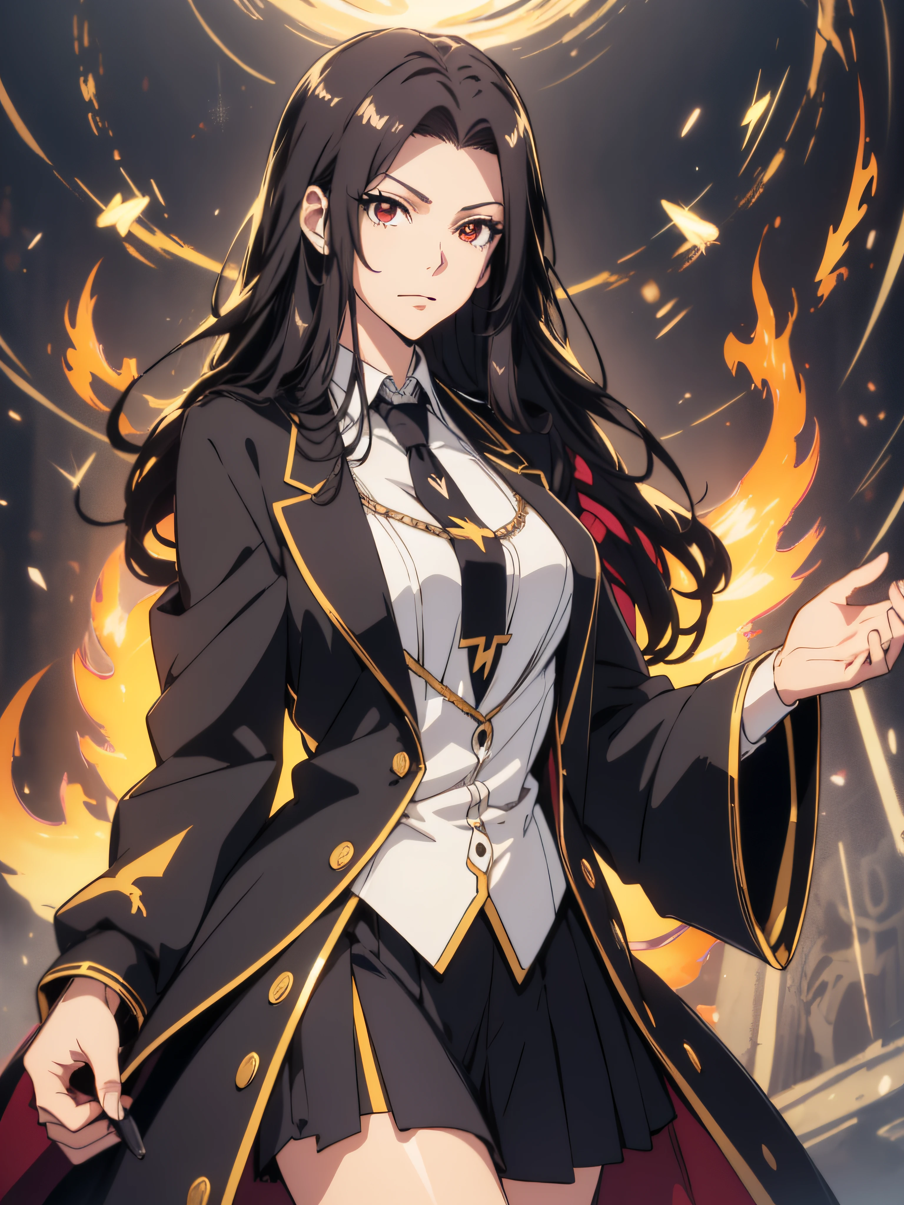 (ultra-detailed, perfect pixel, highrest, best quality), 20 years old Anime girl, smooth anime artstyle, long raven hair, slightly wavy hair, parted bangs, black hair, gradient hair color, Magus, ((red eyes)), detailed eyes, beautiful eyes, long black coat, white shirt, ((neckwear, long tie)), black skirt, aristocrat, noble attire, beautiful, ethereal, elegant, prestigious, indoor, royal, kingdom, particle effect, smooth smoke effect, fire flame, lightning, magic light, standing, looking at viewer