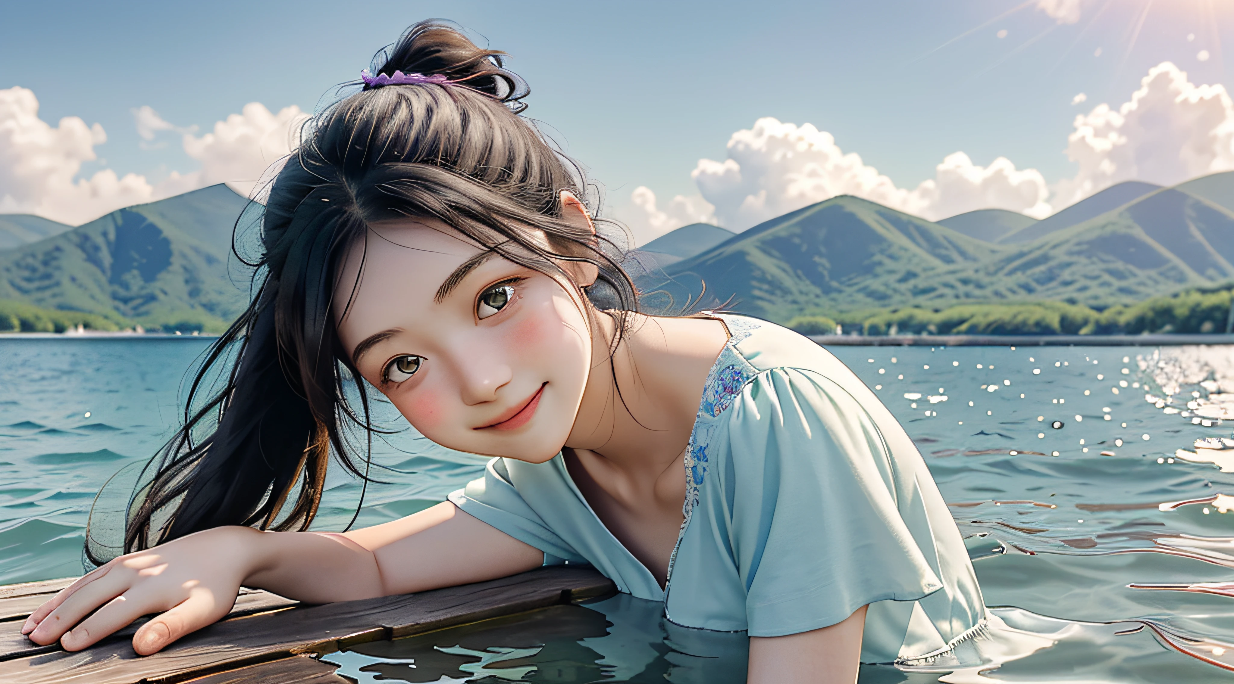In a blue sky,There are seven rainbows of flowers in the summer daytime,and the sun was shining brightly,There is soft natural light, dingdall effect,An intimate portrait of a young girl about eighteen years old,The girl's appearance is thick eyebrows,There are big watery eyes,The girl has long black hair,Wear crossed bangs,front ponytail,The head is wearing a cartoon rabbit ear-like ornament,She blushed,Standing on a wooden pier in a pale green dress,Next to the girl there is also a cute border collie with black and white crossed colors,A wooden pier juts out onto the tranquil lake,The girl gently closed her mouth and looked at the viewer with a smile,The left hand is waving the arm apart with five fingers raised,Beckoning to welcome viewers,The right hand is naturally placed on the side of the thigh,A happy smile on his face。The sun casts a warm glow on the scene,Illuminates the ripples in the water,Cast a soft shadow on the girl's face。Behind her,A sea of purple and red flowers stretches into the distance,There are peony flowers,Rosa flowers,hydrangeas,The wide variety of flowers contrasts with the pale blue sky above。Despite the tranquility of the surroundings,But there was a clear sense of joy and in the girl。