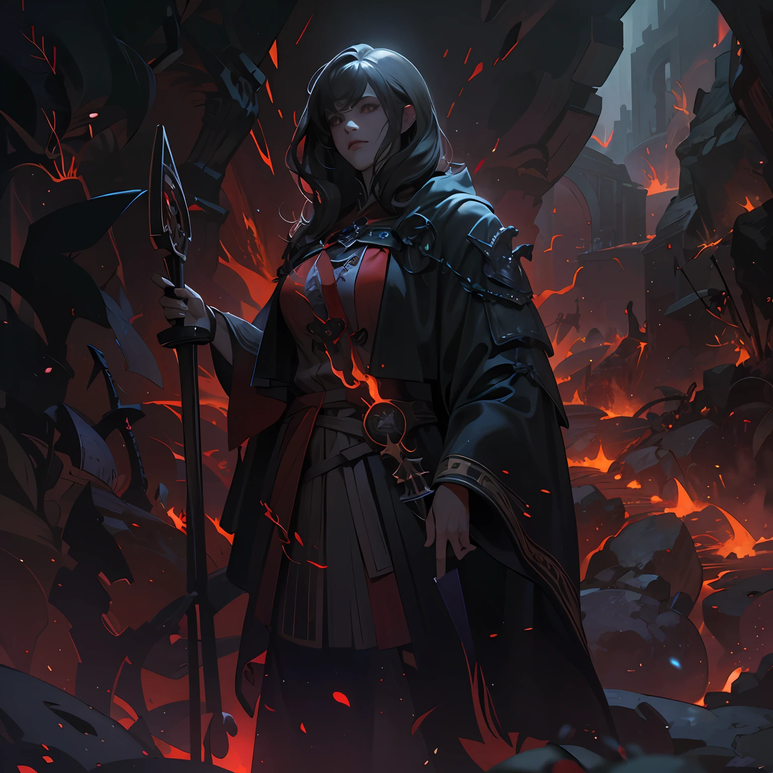 breathtaking concept art ((legendary dark mage lord)), black coat. (cave scenery), dark atmosphere, (vibrant colors), ((red sparks coming from the eyes)), eyecatching, mysterious and scary, dark fog, cave light, hd, 8k, masterpiece, trending on artstation, (depth of field), lot of details, highly detailed, style of Greg Rutkowski and Bastien Lecouffe-Deharme, award-winning, professional, highly detailed,large breasts