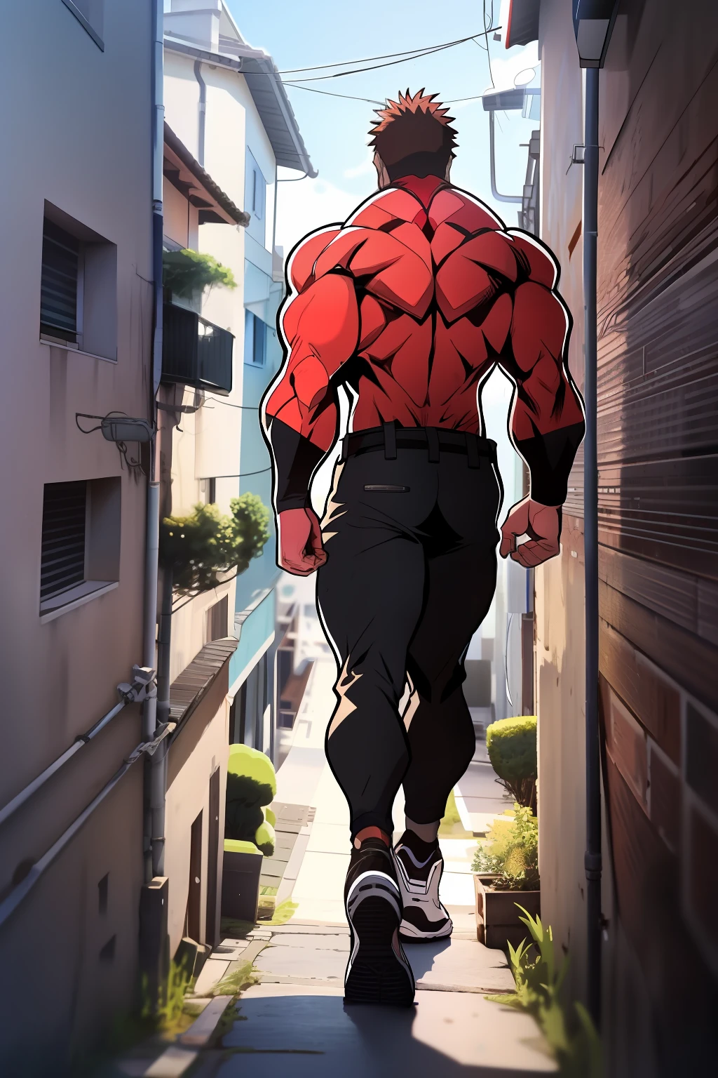 Generate anime-style art with a high-angle shot of a muscular male character with his body with his back to the camera, THE CHARACTER IS STANDING ON TOP OF A TALL BUILDING, O protagonista deve ter um corpo extremamente musculoso, muito alto, semelhante ao de um fisiculturista. O personagem deve ter o cabelo longo marrom escuro e deve estar sem camisa , with a black pants and must wear a white sneaker . A imagem deve retratar o corpo inteiro do personagem, com foco em sua postura intimidadora. The protagonist must exude strength and dominance, displaying a powerful presence. A cena deve apresentar apenas o personagem musculoso, THE CHARACTER MUST BE ON TOP OF A BUILDING SHOWING A LARGE CITY BELOW HIM