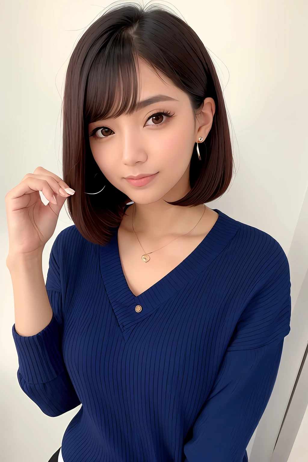(Melhor qualidade, 8k, 32k, obra-prima, UHD: 1.2), foto da mulher japonesa bonita, seios grandes, cabelo bob muito curto, parte superior do corpo, foco do rosto, oversized_sweater, colar, fundo simples, de cima, olhando para o espectador,beijo!