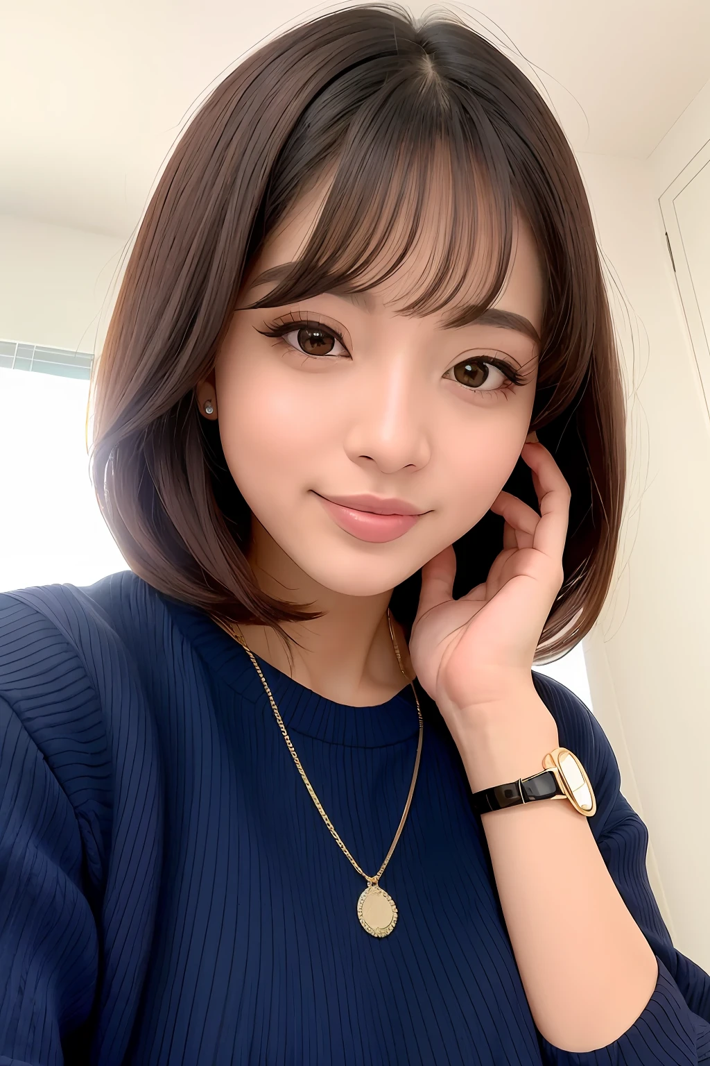 (Melhor qualidade, 8k, 32k, obra-prima, UHD: 1.2), foto da mulher japonesa bonita, seios grandes, cabelo bob muito curto, parte superior do corpo, foco do rosto, oversized_sweater, colar, fundo simples, de cima, olhando para o espectador,beijo!