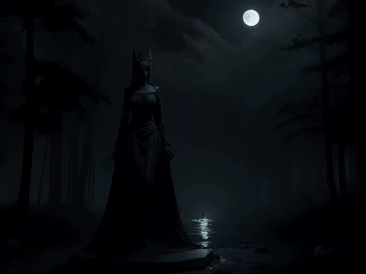 A TERRIFYING STATUE of a woman reluctant at night with the moon in the background in a dark and macabre forest, Clima denso, gothic horror vibes, arte de fantasia de terror, cores mortas