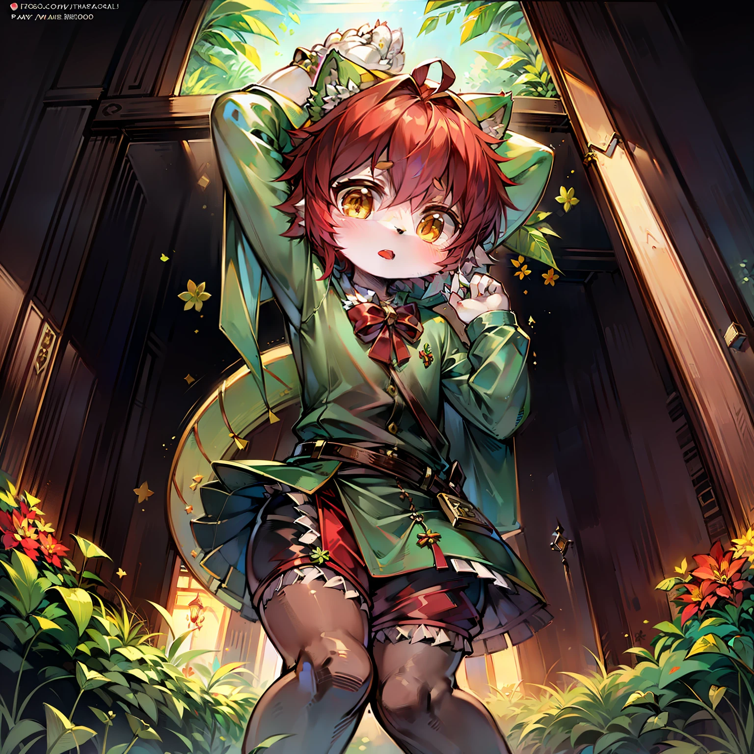 ((Masterpiece)),(Best quality),Ultra-detailed,Best Illustration,Dynamic Angle,Half body, Cute **********,Libido boy，Frog hood,light red short hair，Yellow eyes，Frog modeling，Decoration of lotus leaves，Clover decoration