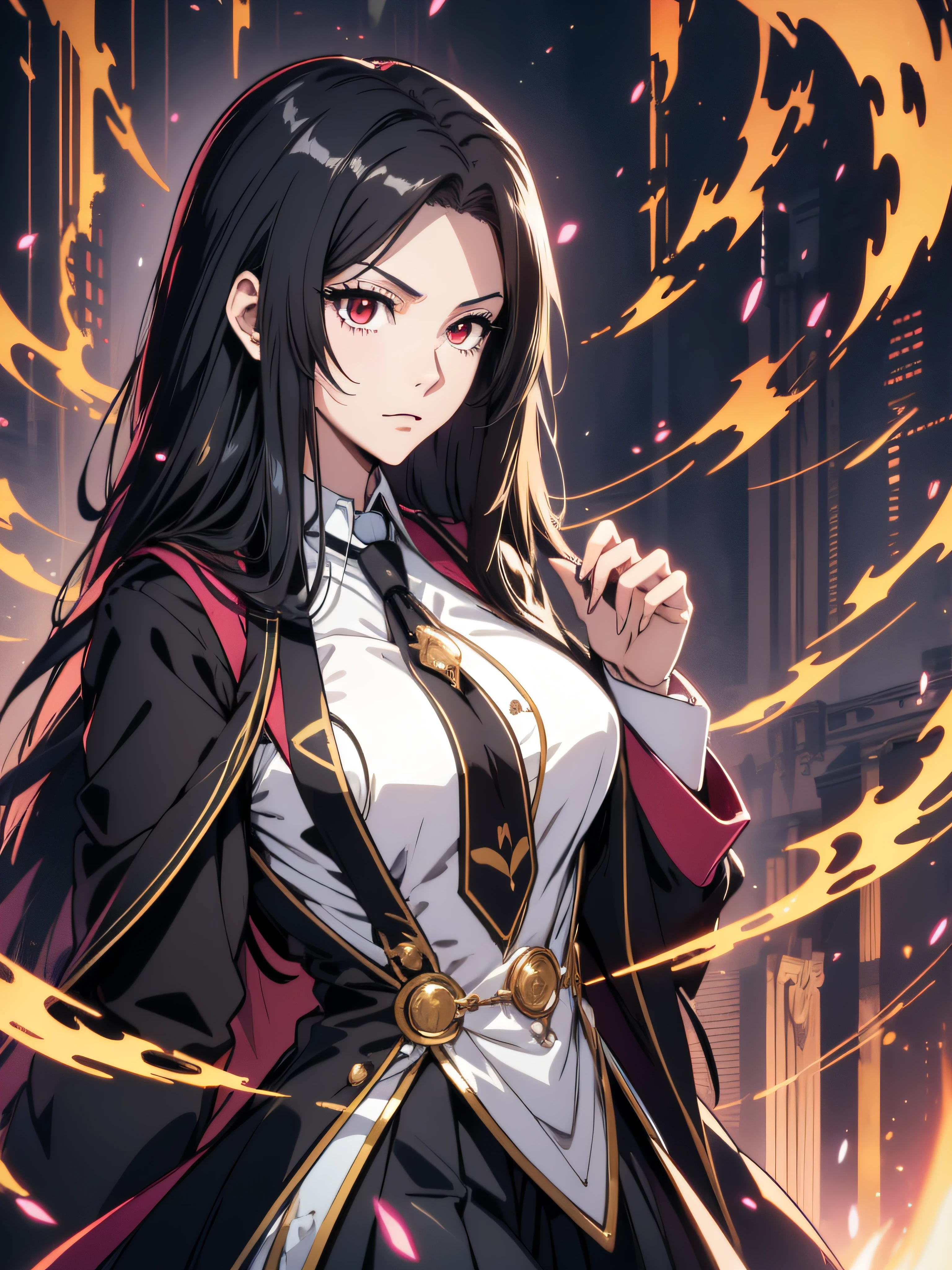 (ultra-detailed, perfect pixel, highrest, best quality), 20 years old Anime girl, smooth anime artstyle, long raven hair, slightly wavy hair, parted bangs, black hair, gradient hair color, Magus, ((red eyes)), detailed eyes, beautiful eyes, long black coat, white shirt, ((neckwear, long tie)), black skirt, aristocrat, noble attire, beautiful, ethereal, elegant, prestigious, indoor, royal, kingdom, particle effect, smooth smoke effect, fire flame, lightning, magic light, standing, looking at viewer