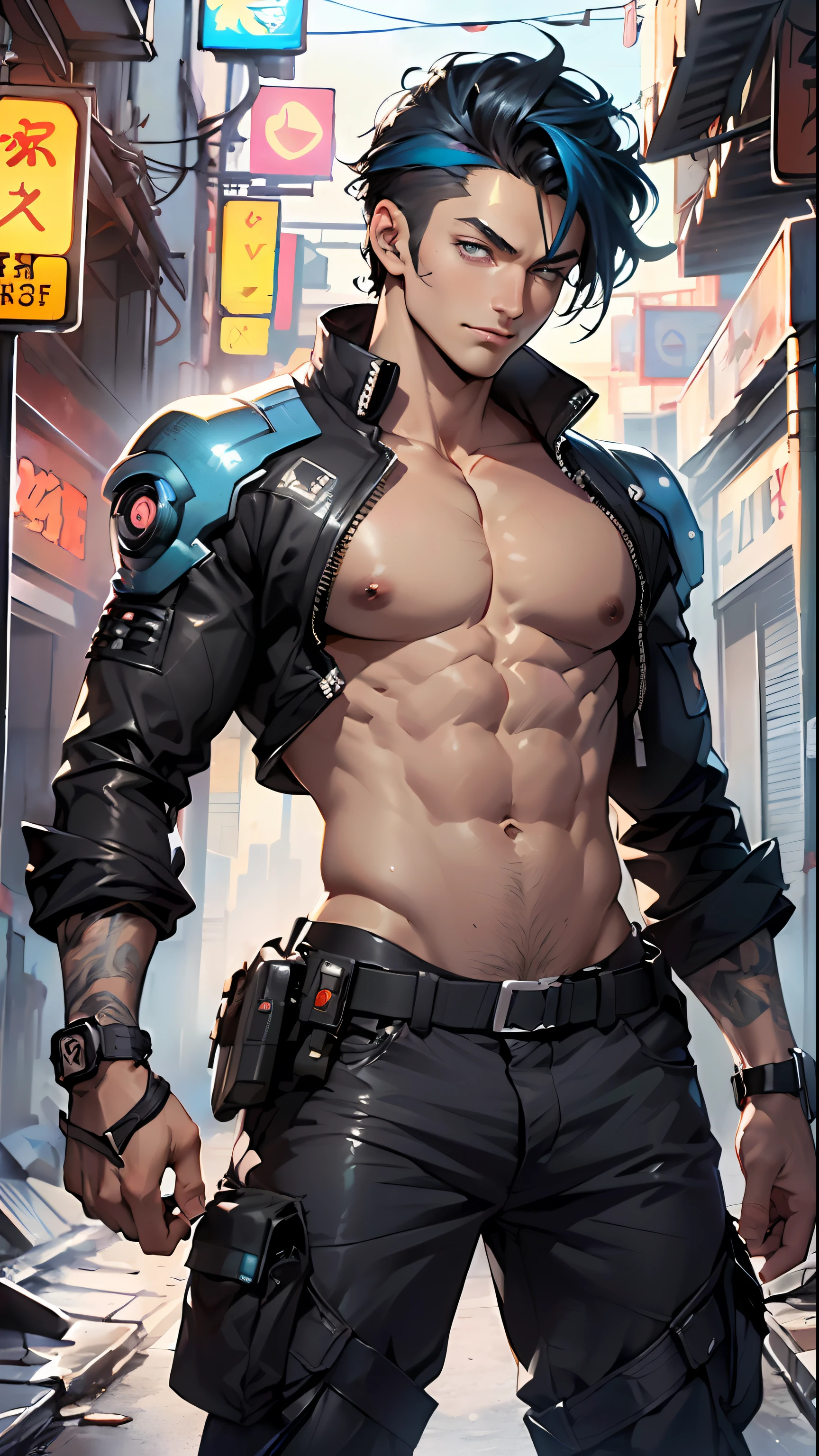 bounty hunter man,(((1man))),((anime man walking down the street)),

(((1male,man,handsome man,male,male gender,male focus))),

((medium black hair,disheveled hair,blue hair,black hair,two-tone hair)),(((lustrous skin:1.5,tanned skin,bright skin: 1.5,skin tanned,shiny skin,very shiny skin,shiny body))),((detailed eyes,perfect eyes,rainbow glows ultra-detailed orange brown eyes:1.1,gradient eyes:1,finely detailed beautiful eyes:1,symmetrical eyes:1,big highlight on eyes:1.2)),man chest,handsome face,((muscular,hairy body,muscular man)),((hand consists of a short thumb and four fingers,a hand with only five fingers,(detailed face))),

alluring look,nsfw,

bounty hunter pants,((bulge in pants)),((bounty hunter outfit)),(wearing a bounty hunter outfit:1.3,bounty hunter clothes),(detailed outfit,detailed clothes),

(dynamic pose:1.0),solo focus,((evil smile,evil look)),centered,scale to fit dimensions,Rule of thirds,

outdoors,((night view)),(cyberpunk night street Background: 1.5,dark sky,alleyway,lonely alley,thick clouds,detailed background:1.25),

(best quality),(high resolution),(sharp focus),(ultra detailed),(extremely detailed),(extremely high quality artwork),8k_wallpaper,(extremely detailed CG 8k),(very fine 8K CG),((hyper super ultra detailed perfect piece)),flawless,(((masterpiece))),illustration,vibrant colors,(intricate),High contrast,Selective lighting,Double exposure,HDR (High Dynamic Range),Post-processing,Background blur,