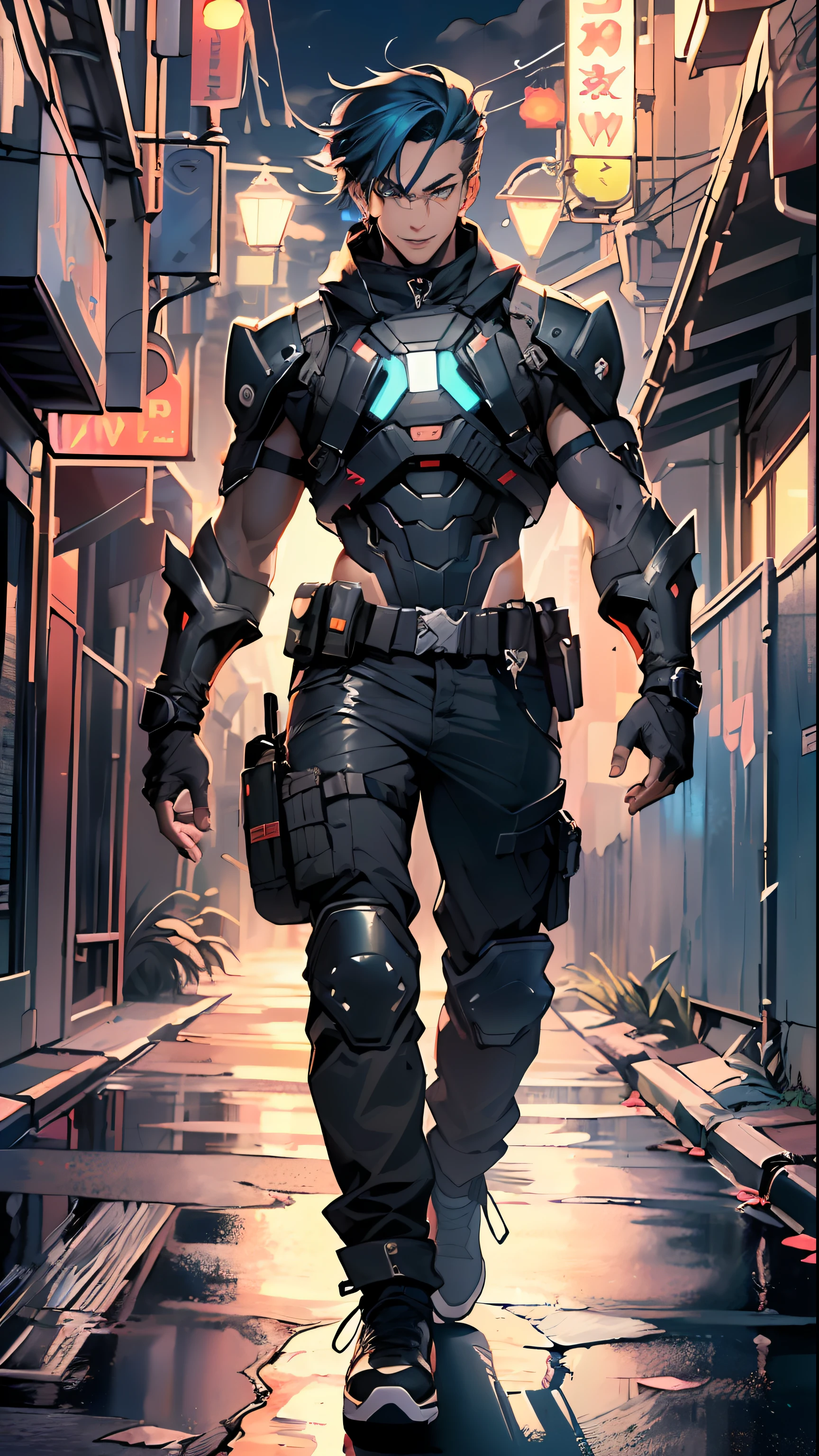 bounty hunter man,(((1man))),((anime man walking down the street)),
(((1male,man,handsome man,male,male gender,male focus))),
((medium black hair,disheveled hair,blue hair,black hair,two-tone hair)),(((lustrous skin:1.5,tanned skin,bright skin: 1.5,skin tanned,shiny skin,very shiny skin,shiny body))),((detailed eyes,perfect eyes,rainbow glows ultra-detailed orange brown eyes:1.1,gradient eyes:1,finely detailed beautiful eyes:1,symmetrical eyes:1,big highlight on eyes:1.2)),man chest,handsome face,((muscular,hairy body,muscular man)),((hand consists of a short thumb and four fingers,a hand with only five fingers,(detailed face))),
alluring look,nsfw,
bounty hunter pants,((bulge in pants)),((bounty hunter outfit)),(wearing a bounty hunter outfit:1.3,bounty hunter clothes),(detailed outfit,detailed clothes),
(dynamic pose:1.0),solo focus,((evil smile,evil look)),centered,scale to fit dimensions,Rule of thirds,
outdoors,((night view)),(cyberpunk night street Background: 1.5,dark sky,alleyway,lonely alley,thick clouds,detailed background:1.25),
(best quality),(high resolution),(sharp focus),(ultra detailed),(extremely detailed),(extremely high quality artwork),8k_wallpaper,(extremely detailed CG 8k),(very fine 8K CG),((hyper super ultra detailed perfect piece)),flawless,(((masterpiece))),illustration,vibrant colors,(intricate),High contrast,Selective lighting,Double exposure,HDR (High Dynamic Range),Post-processing,Background blur,