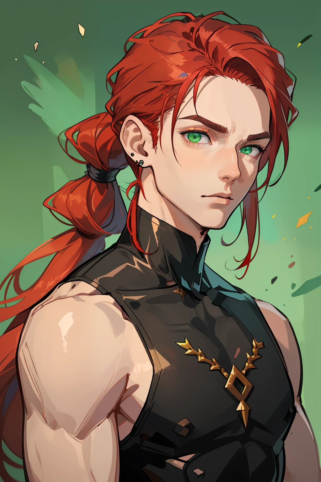 A guy with a slim physique. He has long red hair braided into a ponytail. Hairstyle ponytail. Earring in the eyebrow, earrings in the ears. Green, pretty eyes. Without bristles. detailized face, Detail Eyes. masculine face. Male body.