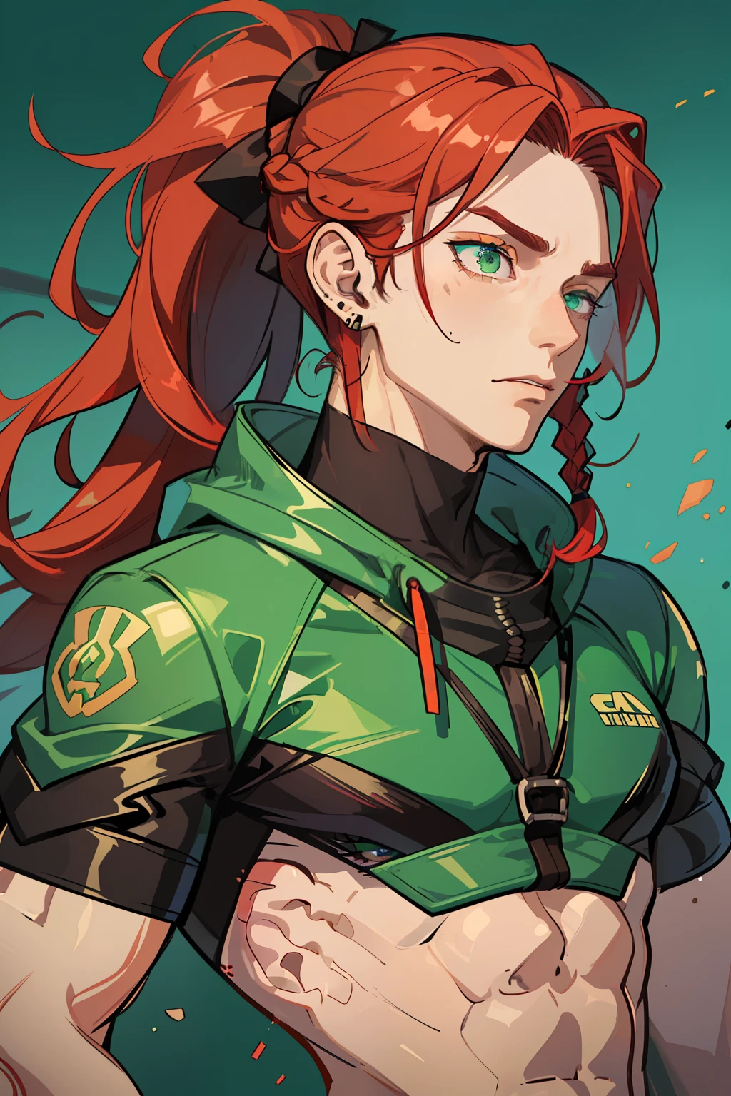 A guy with a slim physique. He has long red hair braided into a ponytail. Hairstyle ponytail. Earring in the eyebrow, earrings in the ears. Green, pretty eyes. Without bristles. detailized face, Detail Eyes. masculine face. Male body.