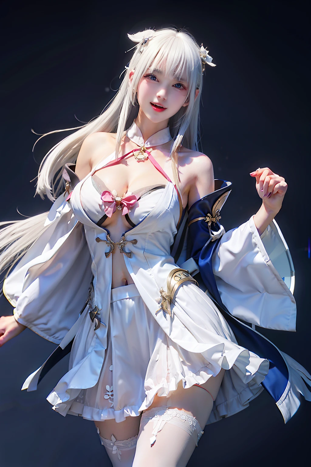 White-haired beauty,Wear near-transparent clothing,Facing me,beckon,Open-mouthed,Stick out her tongue,drools,Lift the skirt to reveal white panties,The chest is large and exposed,