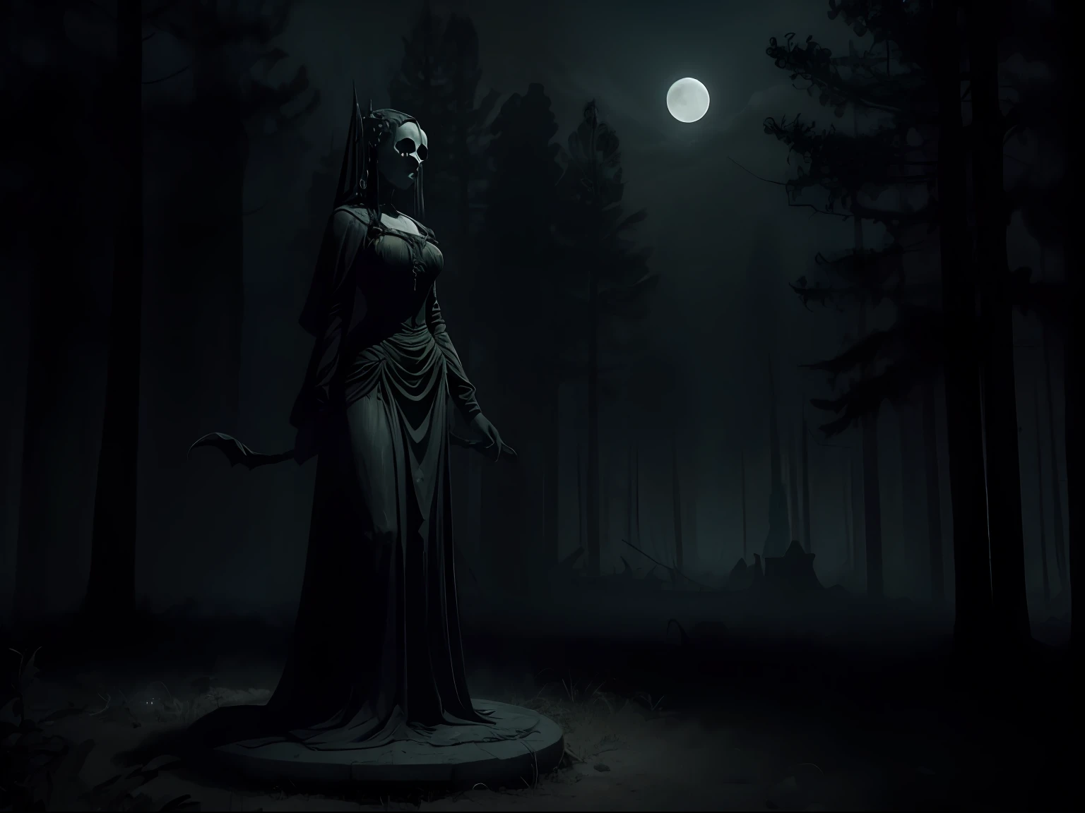 A TERRIFYING STATUE of a woman reluctant at night with the moon in the background in a dark and macabre forest, Clima denso, gothic horror vibes, arte de fantasia de terror, cores mortas