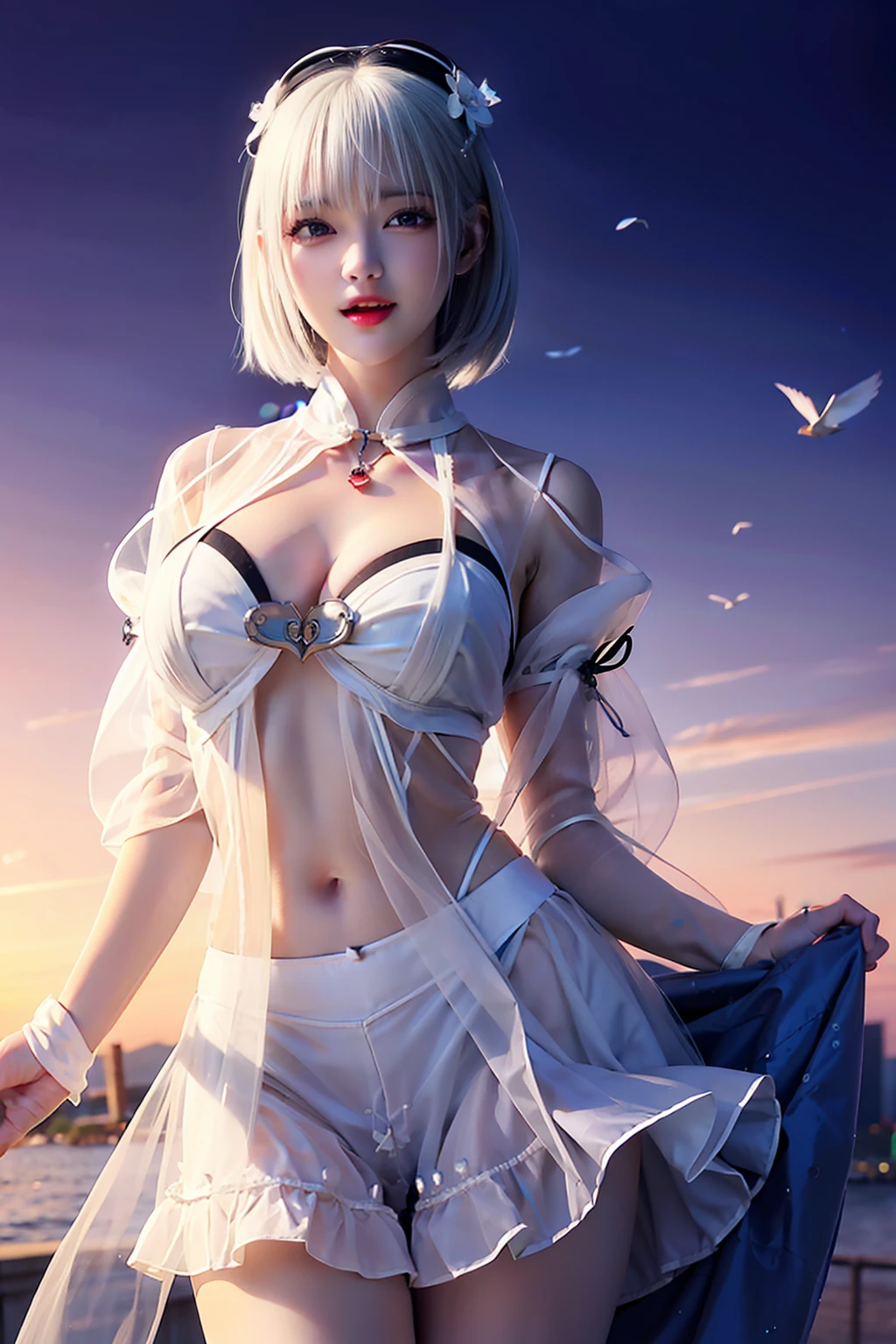 White-haired beauty，Wear near-transparent clothing，Facing me，beckon，Open-mouthed，Stick out her tongue，drools，Lift the skirt to reveal white panties，The chest is large and exposed，