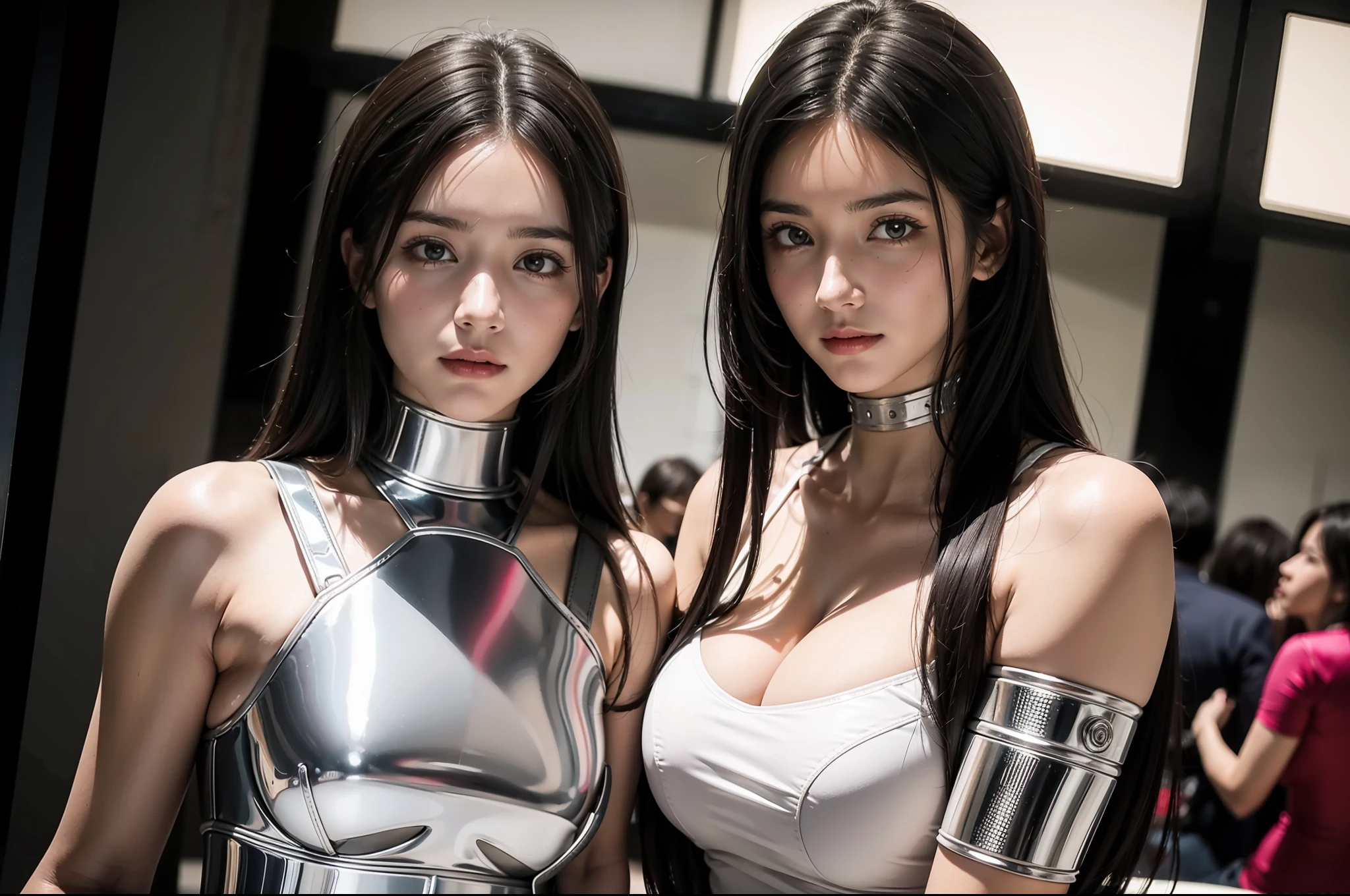 primer plano. Una foto de dos gladiadoras muy bellas y atractivas, usando varias piezas de armadura y levantando los brazos con el arma hacia arriba