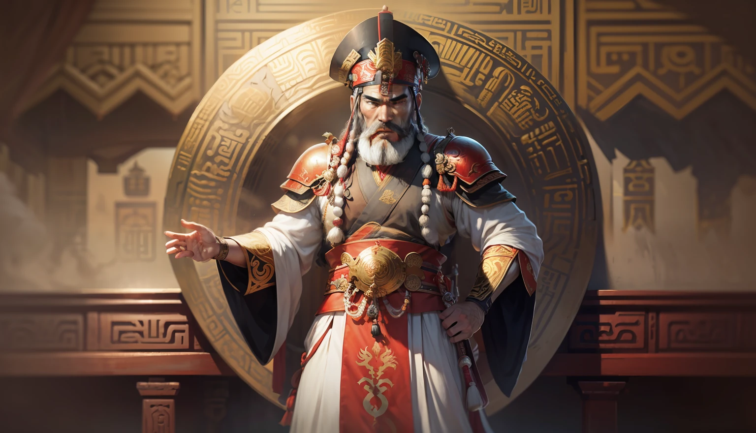 Military General of the Three Kingdoms, Huang Zhong arabe outfit in Egypte background, Barbe blanche, Barbe longue, golden armor, arc, 60 ans, Chinois, Un