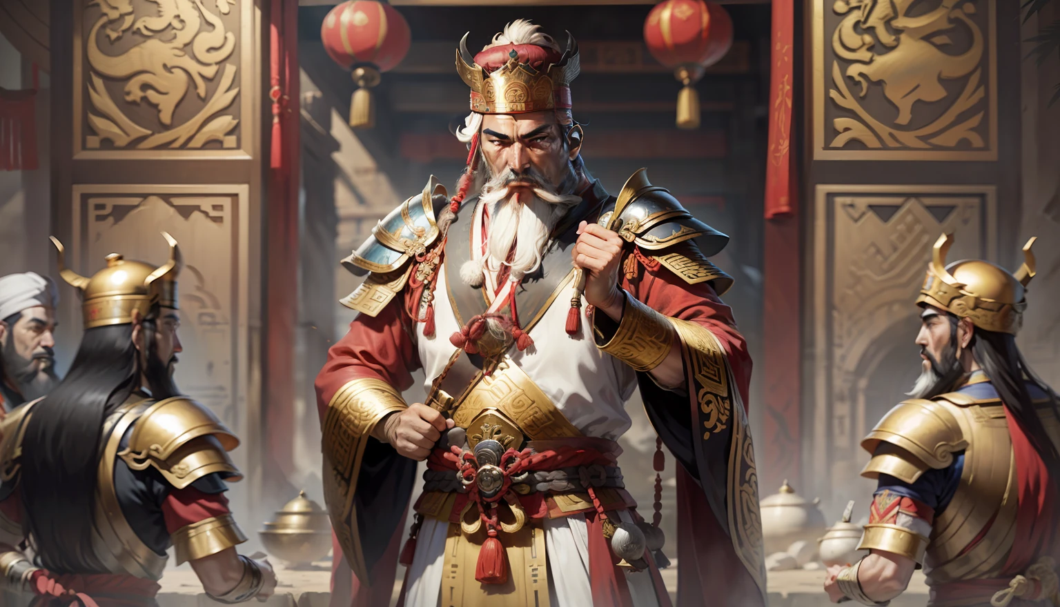 Military General of the Three Kingdoms, Huang Zhong arabe outfit in Egypte background, Barbe blanche, Barbe longue, golden armor, arc, 60 ans, Chinois, Un
