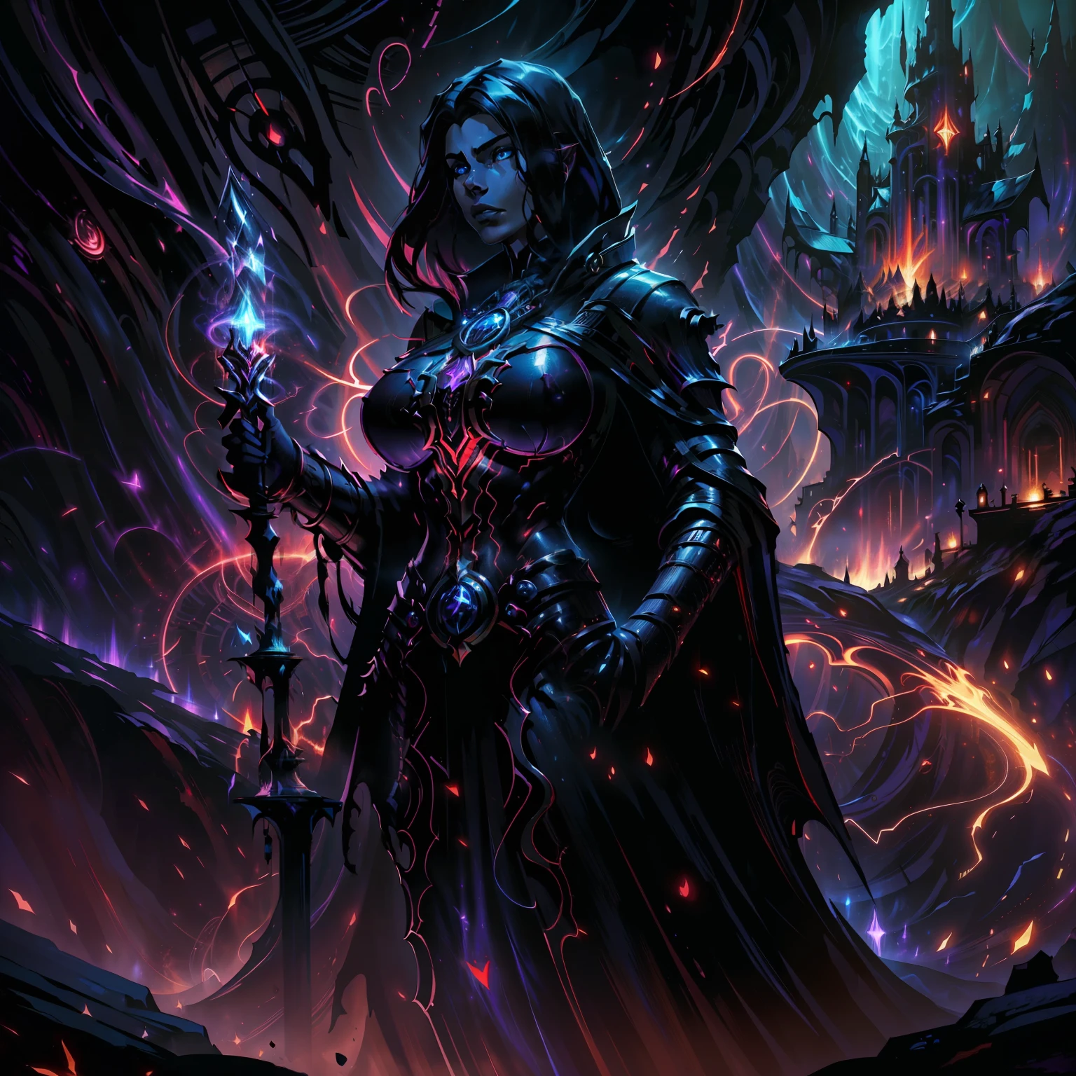 breathtaking concept art ((legendary dark mage lord)), black coat. (cave scenery), dark atmosphere, (vibrant colors), ((red sparks coming from the eyes)), eyecatching, mysterious and scary, dark fog, cave light, hd, 8k, masterpiece, trending on artstation, (depth of field), lot of details, highly detailed, style of Greg Rutkowski and Bastien Lecouffe-Deharme, award-winning, professional, highly detailed,large breasts
