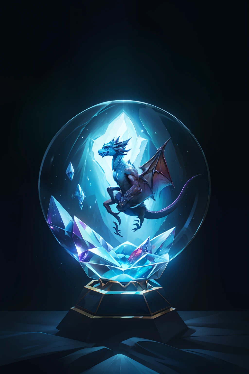 dragon inside a crystal ball, desenho em 2d, crystal dragon, energia magica emanando da esfera. full of darkness all around. CGSetnation, rossdraws global illumination, bola de cristal, anthro dragon art, Arte de fantasia, realistic fantasy illustration, frost dragon, Vencedor do concurso Artstation, Geada Gema, full art illustration, arte fantasia behance
