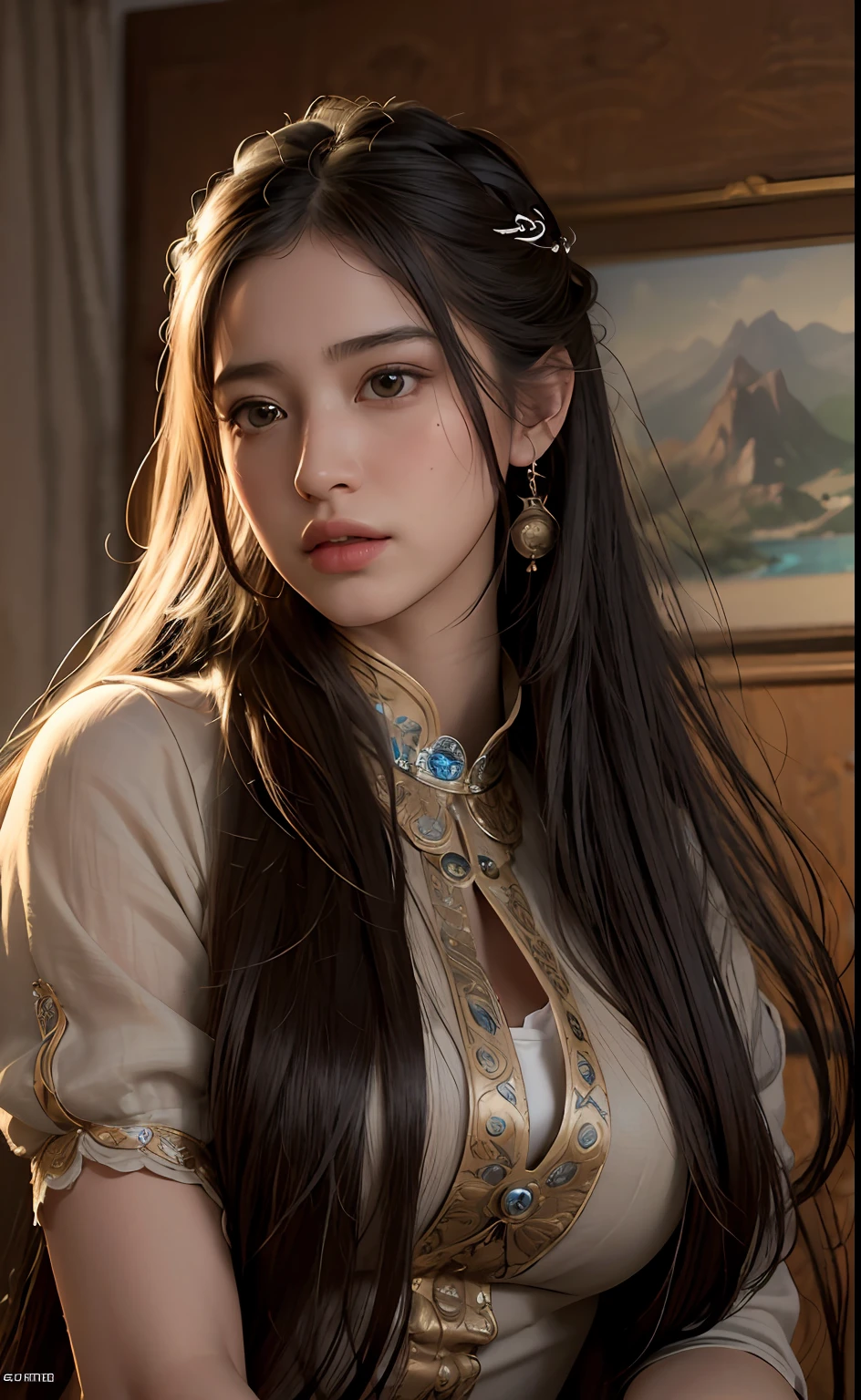 (RAW photo, best quality), (realistic, photo-realistic:1.3),best quality,highly detailed,masterpiece,ultra-detailed,illustration,1girl,upper_body,dynamic angle,world masterpiece theater,messy_long_hair,best quality,extremely detailed CG unity 8k wallpaper,ink,Amazing,cinematic lighting,lens_flare,,dunhuang_style