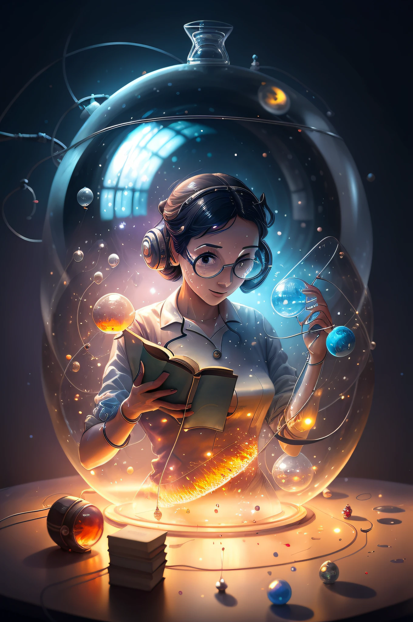 There's a woman reading a book in a glass ball, science fantasy painting, working in her science lab, Cyril Rolando e Goro Fujita, Artgerm e Atey Ghailan, experimenting in her science lab, Sci-Fi Digital Art Illustration, digital concept art illustration, cientista de elite, science fantasy, Atey Ghailan 8 K