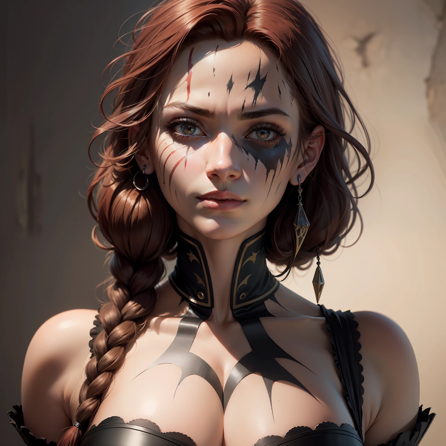 dark red haired pretty woman, two scars across eye, white eyes, smug expression, black top, portrait, medieval times, facepaint, scar across eye, dreadlocks, drop shadow, sideways, rotated, wide shot, high detail, anatomically correct, masterpiece, highres, high quality, high details, 8k, retina