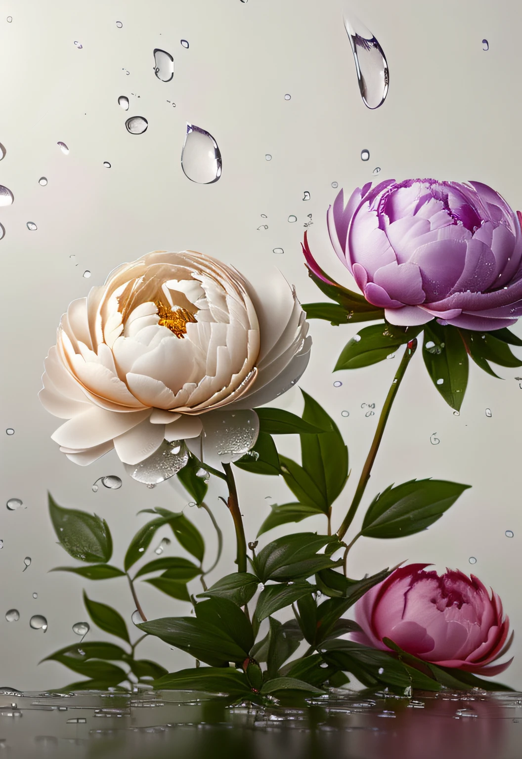 flower peonies blooming wallpaper,in the style of vray tracing,fanciful,dreamlike imagery,dreamlike naturaleza,dmitry spiros,uhd image,water drops,realistic yet ethereal