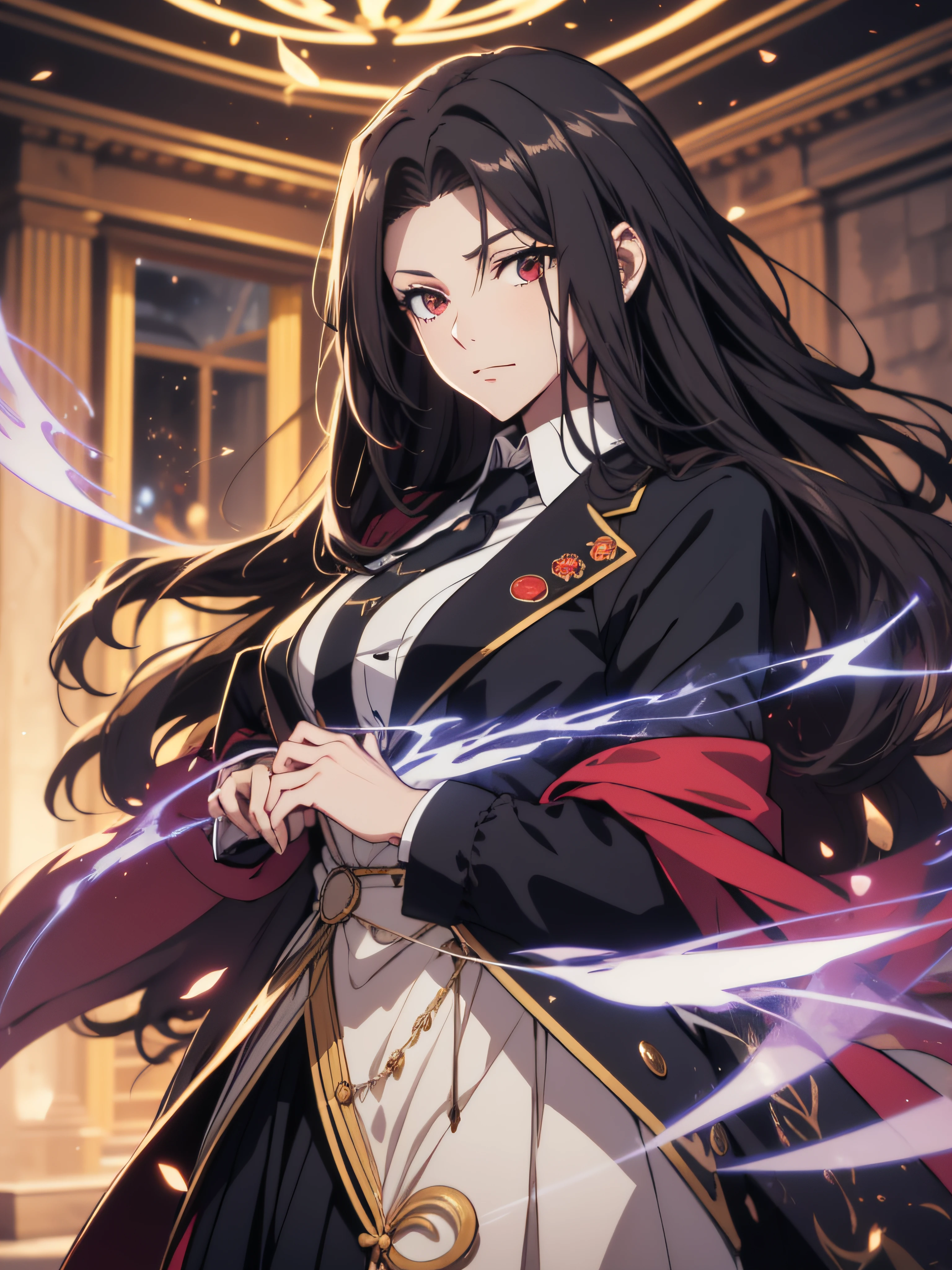 (ultra-detailed, perfect pixel, highrest, best quality), 20 years old Anime girl, smooth anime artstyle, long raven hair, slightly wavy hair, parted bangs, black hair, gradient hair color, Magus, ((red eyes)), detailed eyes, beautiful eyes, long black coat, white shirt, ((neckwear, long tie)), black skirt, aristocrat, noble attire, beautiful, ethereal, elegant, prestigious, indoor, royal, kingdom, particle effect, smooth smoke effect, fire flame, lightning, magic light, standing, looking at viewer