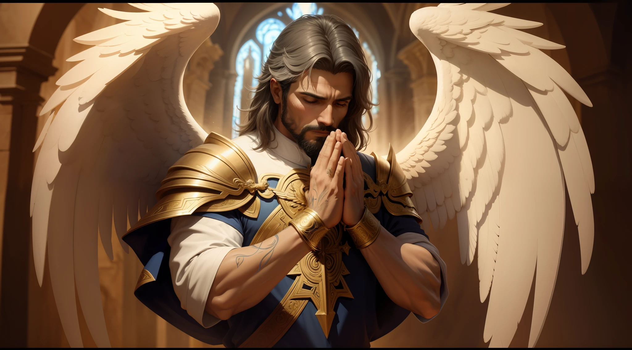 There is a man with wings on his back praying, arcanjo, Arcanjo Miguel, saint michael the angel, angels protecting a praying man, anjo protegendo o homem, angelic, Graphic artist Magali Villeneuve, biblical accurate angel, Devianart e CGsociety, Artgerm e Craig Mullins, Pintado por Andreas Rocha, Paladino Santo, arte de fantasia de alta qualidade, Biblical setting, velas ao fundo, asas brancas, asas grandes, cabelos brancos