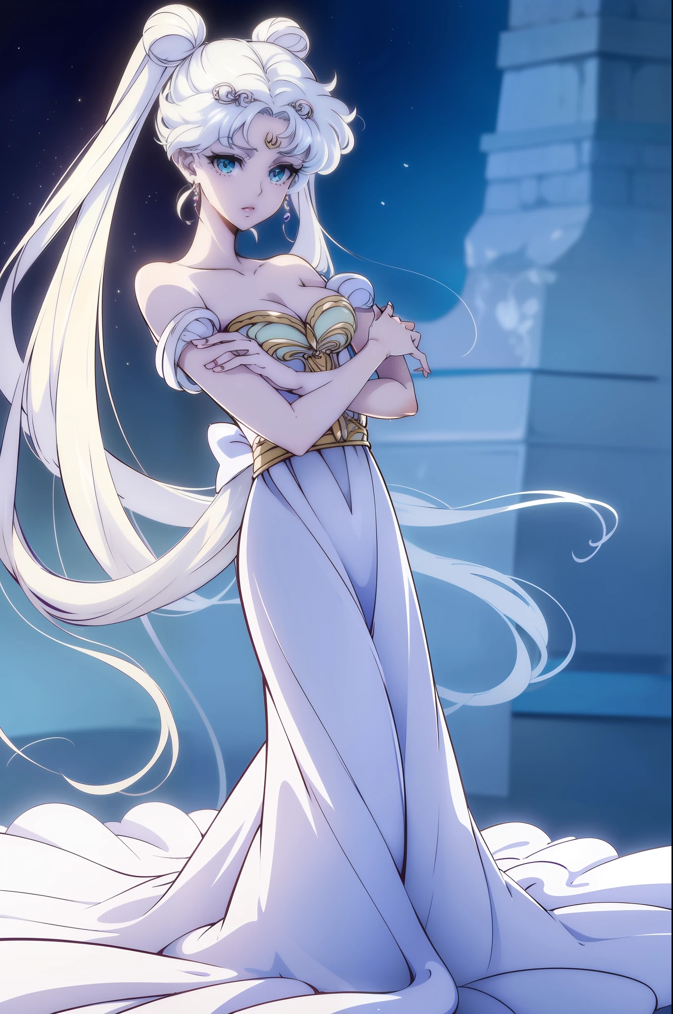 NSFW, ((beste-Qualit, 8K, tmasterpiece :1.3)), dramatic  lighting, pretty woman, 1 girl, Sailor Moon, Detailed large eyes, tmasterpiece, breath taking, Viewer, Full growth in the frame, Long white hair, Two bundles on the head, pale skin, Odango hairstyle, Careful, ah high, Real water, White transparent wet long dress, crystal clear water, The water is flowing, beautiful breasts, Sexual, sexy expression, glossy skin, In the background is a crystal palace, Palace of crystals, Crystals and crystal in the air and around the character, Beautiful flowers, Crystals glow