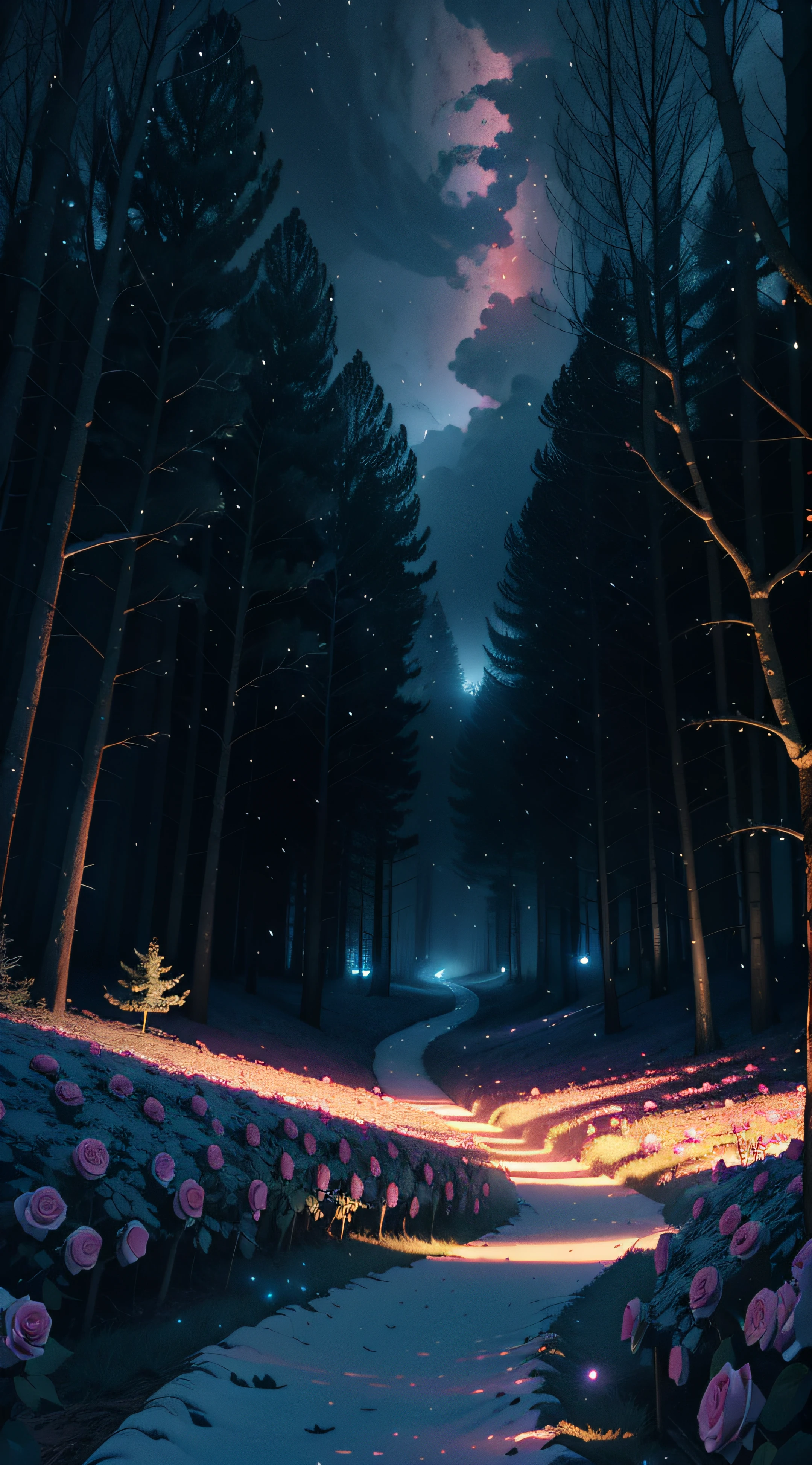 official art, unity 8k wallpaper, ultra detailed, aesthetic, masterpiece, best quality, (photorealistic:1.2), Luminous roseA high-definition CG rendering of a dark rose forest. a rose path, long floating blue roses on the ground, fireflies, luminous ovules and lava crystal light effects, snowstorm style art trend, magical light fog, low light at night