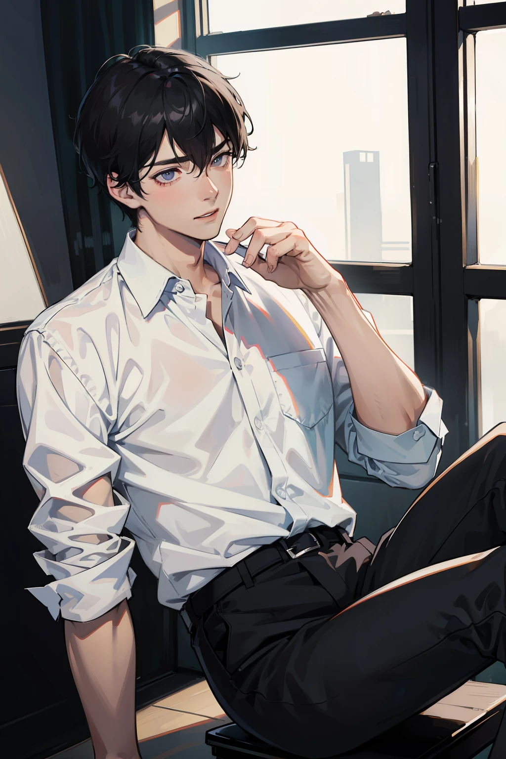 guy, black short hair, tousled, gray eyes, pale, ah high, lean, tired, white shirt
