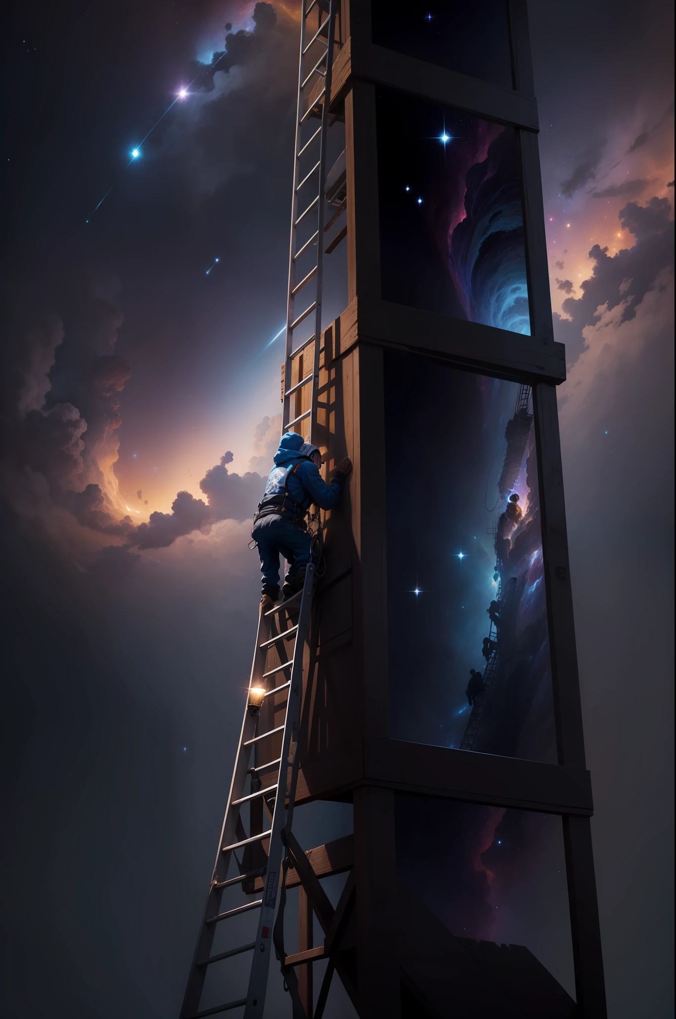 Man seen on his back climbing a ladder leading to cosmic light, em meio a nebulosa luminosa, riqueza de detalhes, hiper realsta 8k