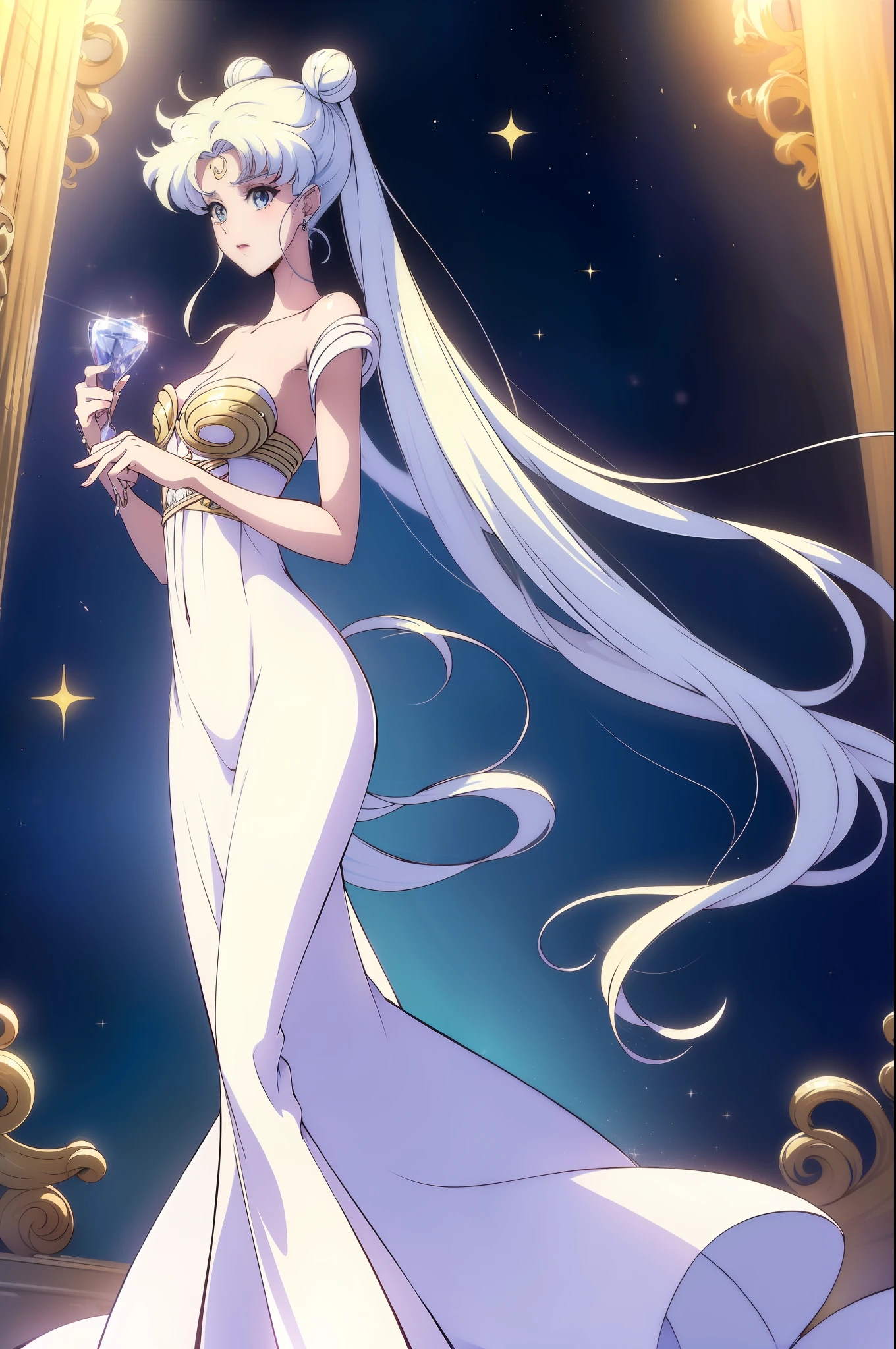 NSFW, ((beste-Qualit, 8K, tmasterpiece :1.3)), dramatic  lighting, pretty woman, 1 girl, Sailor Moon, Detailed large eyes, tmasterpiece, breath taking, Viewer, Full growth in the frame, Long white hair, Two bundles on the head, pale skin, Odango hairstyle, Careful, ah high, Real water, White transparent wet long dress, crystal clear water, The water is flowing, beautiful breasts, Sexual, sexy expression, glossy skin, In the background is a crystal palace, Palace of crystals, Crystals and crystal in the air and around the character, Beautiful flowers, Crystals glow