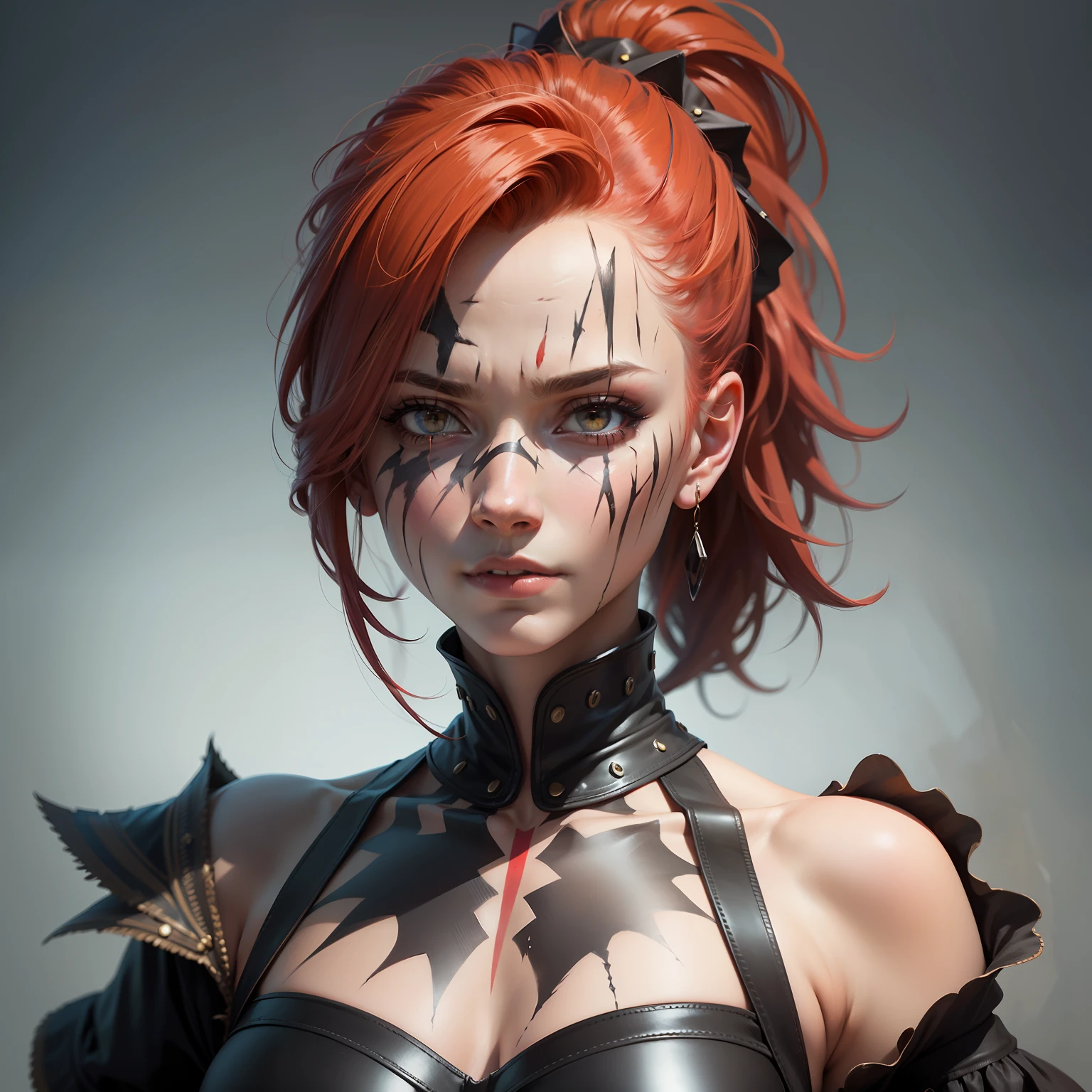 red haired pretty woman, short ponytail, two scars across eye, white eyes, smug expression, black top, portrait, medieval times, facepaint, scar across eye, dreadlocks, drop shadow, sideways, rotated, wide shot, high detail, anatomically correct, masterpiece, highres, high quality, high details, 8k, retina