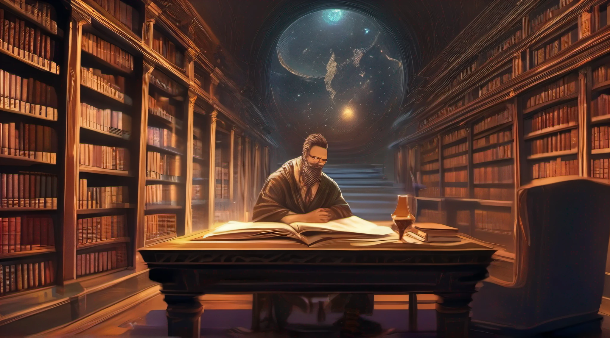 1820 of a man sitting at a table in a library, infinite celestial library, borne space library artwork, alchemist library background, magic library, science fantasy painting, fantasy book illustration, library background, library of ruina concept art, dusty library, standing inside a magic library, makoto shinkai cyril rolando, background artwork, an eternal library, relaxing concept art, fantasy image