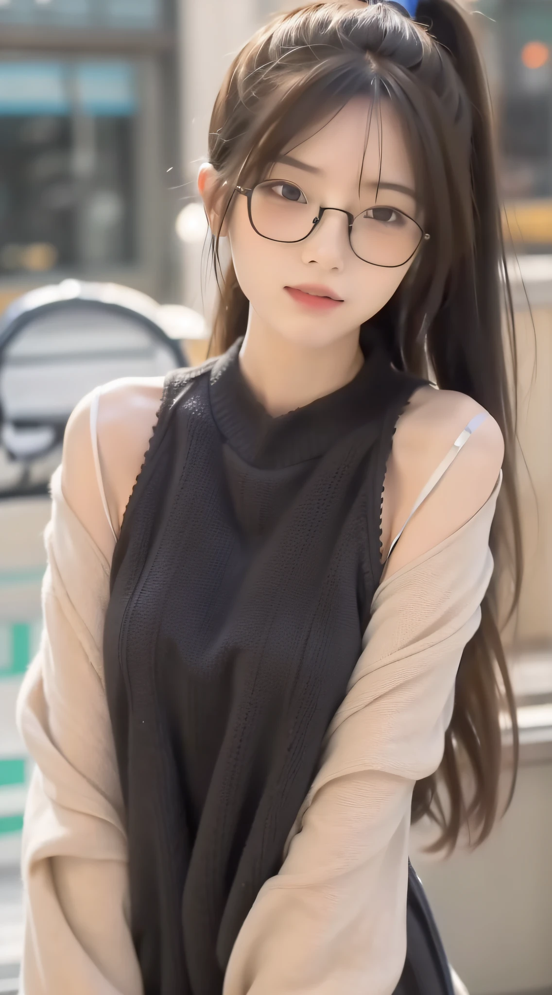 ((Best picture quality, 8K, tmasterpiece:1.3)), 1girll, Beautiful woman with slender abs:1.3, Double ponytail hairstyle，eye glass, Sexy dress，Ultra-fine face, A detailed eye, 二重まぶた，ssmile。Take pictures in cute poses，The figure is very bad，Small waist，Bigchest，Close-up，Enlarge close-up chest