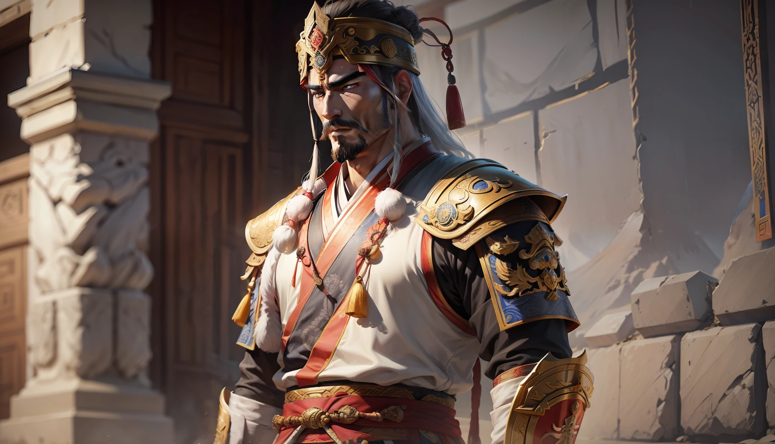 Military General of the Three Kingdoms, Huang Zhong, arabe outfit Barbe blanche, Barbe longue, golden armor, moroccan environnement