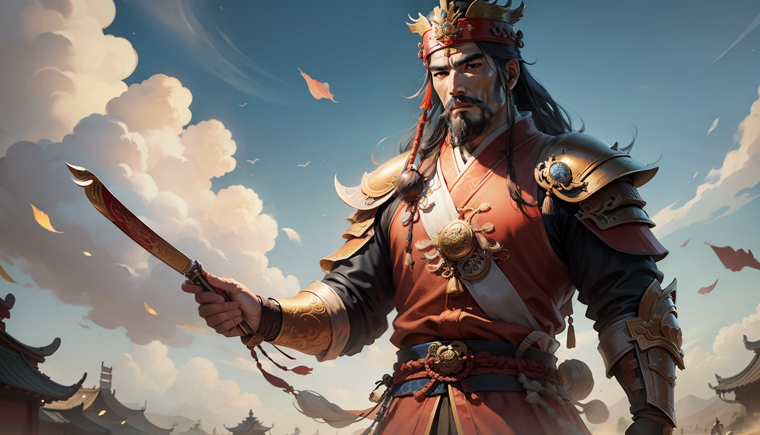Military General of the Three Kingdoms, Huang Zhong, arabe outfit Barbe blanche, Barbe longue, golden armor, moroccan environnement