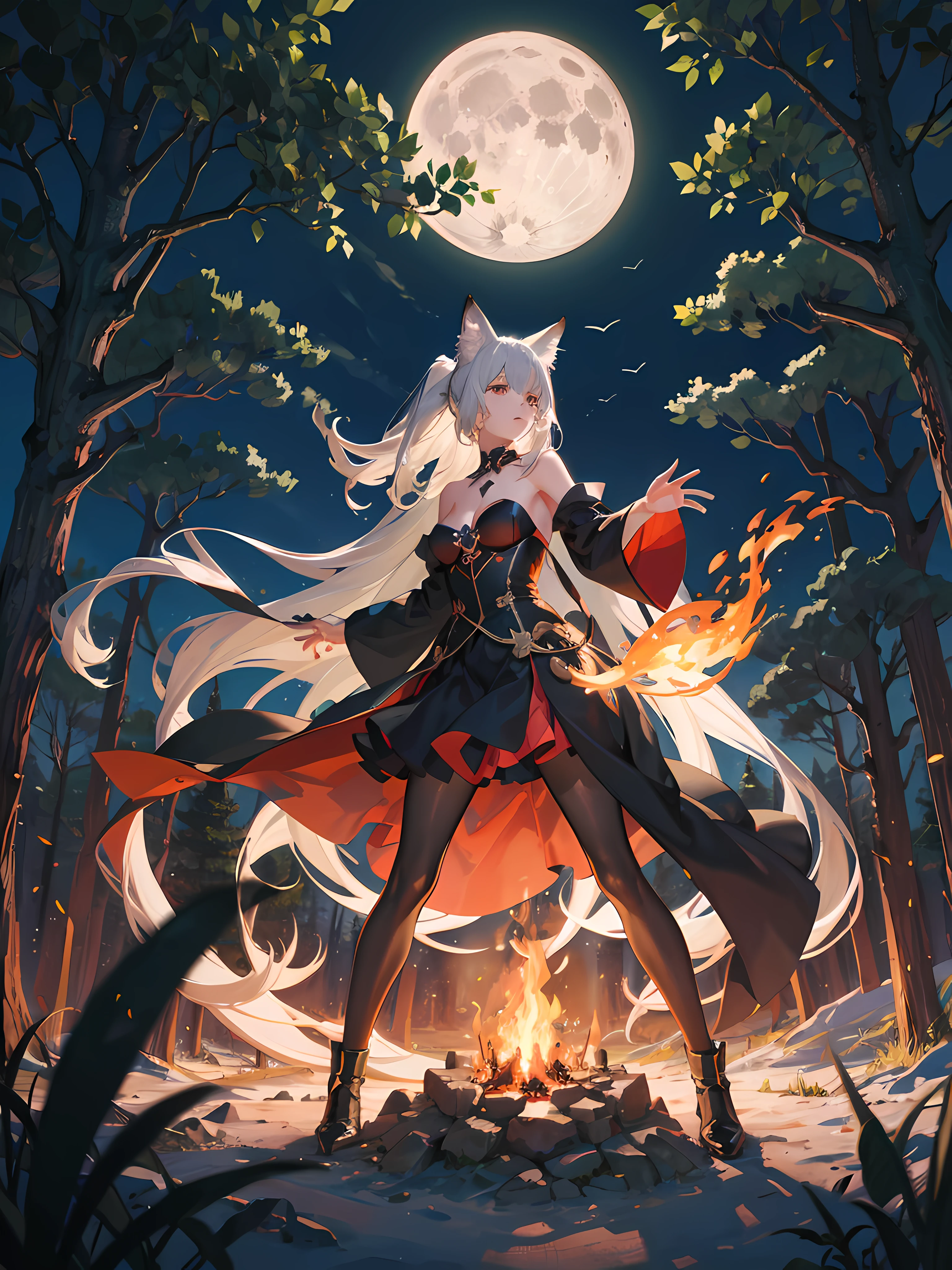 (masterpiece:1.2, best quality:1.2) , {fox girl} , ((fox ear)) , very long hair , pony tail , grey hair , medium breasts ,black eyes ,((masterpiece)), (((best quality))), ((ultra-detailed)), ((illustration)), ((disheveled hair)) , anatomy ,black strapless dress, cloak, black pantyhose,eaba , solo , one girls , (in forest) , magic , fire from hands , night , moon , moon light , (battle pose) , magic circle , hand on large fire ball , fire cube on circle ,