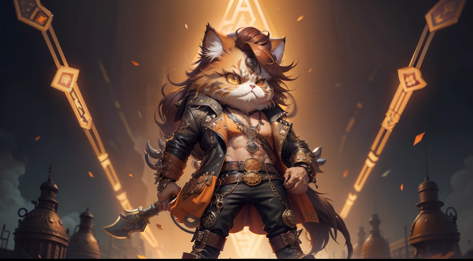 persian cat Anthropomorphic , archer , steampunk ,, , studded leather jacket with intricate ornamentation orange and purple , pirate steampunk theme,, , highest quality,, very angry face, body fitness, full body, long hair with braids ,in a duel in the wild West