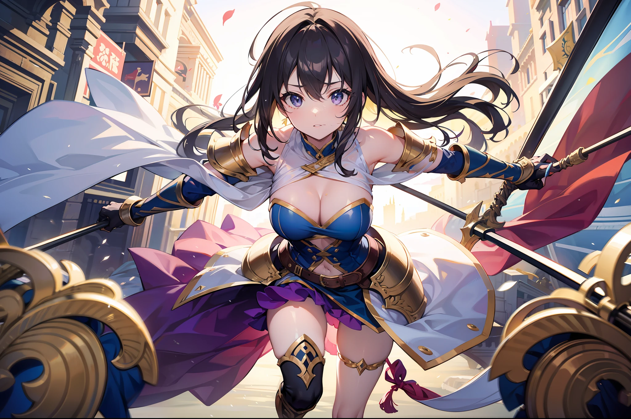 primer plano. Una foto de dos gladiadoras muy bellas y atractivas, usando varias piezas de armadura y levantando los brazos con el arma hacia arriba