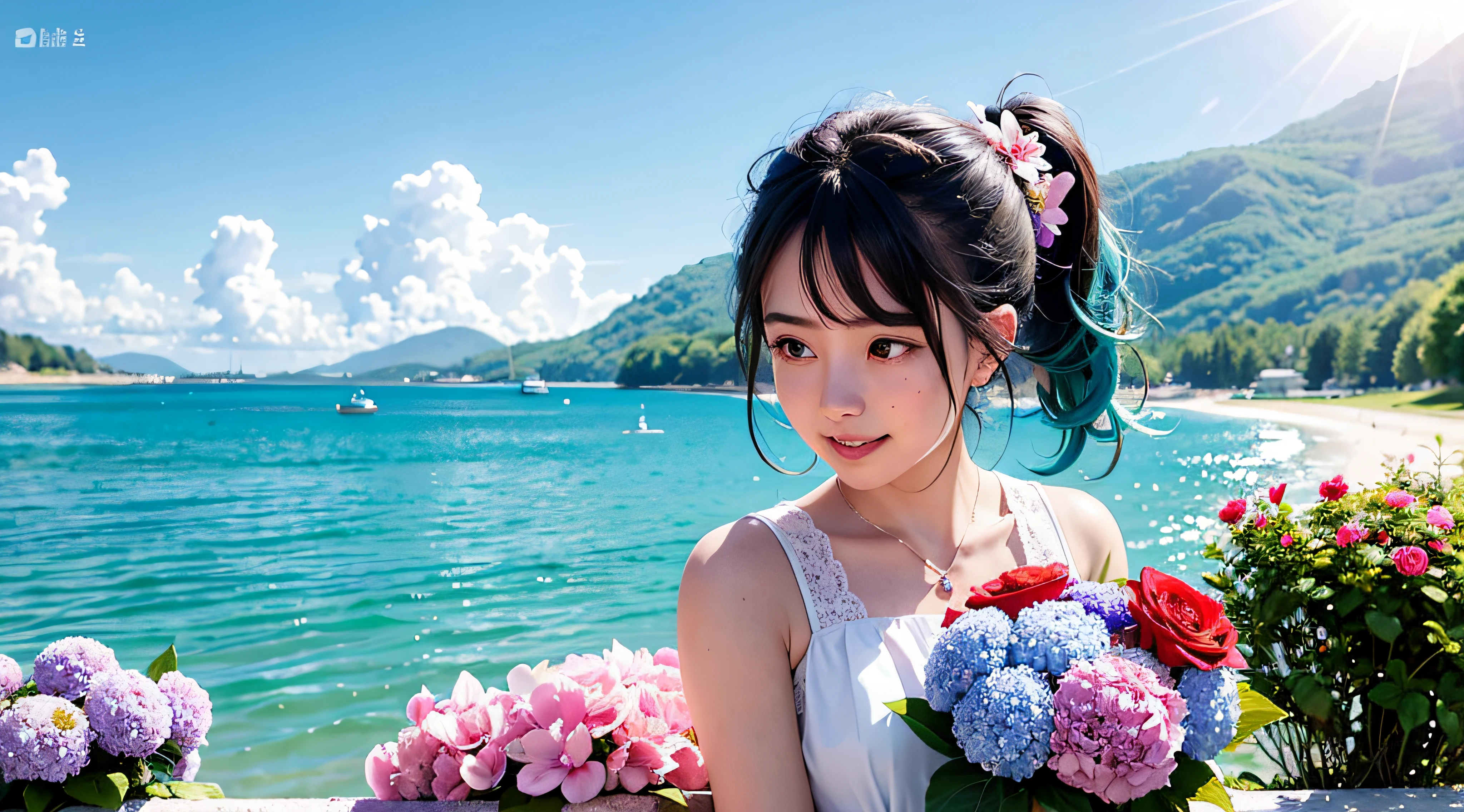In a blue sky,There are seven rainbows of flowers in the summer daytime,and the sun was shining brightly,There is soft natural light, dingdall effect,An intimate portrait of a young girl about eighteen years old,The girl's appearance is thick eyebrows,There are big watery eyes,The girl has long light blue hair,Keep Qi bangs,front ponytail,The head is wearing a cartoon rabbit ear-like ornament,She blushed,Standing on a wooden pier in a pale green dress,Next to the girl there is also a cute border collie with black and white crossed colors,A wooden pier juts out onto the tranquil lake,The girl gently closed her mouth and looked at the viewer with a smile,Place your left hand under your forehead to block out the sun,The right hand is naturally placed on the side of the thigh,A happy smile on his face。The sun casts a warm glow on the scene,Illuminates the ripples in the water,The rainbow shines with colorful light,Cast a soft shadow on the girl's face。Behind her,A sea of purple and red flowers stretches into the distance,There are peony flowers,Rosa flowers,hydrangeas,The wide variety of flowers contrasts with the pale blue sky above。Despite the tranquility of the surroundings,But there was a clear sense of joy and in the girl。