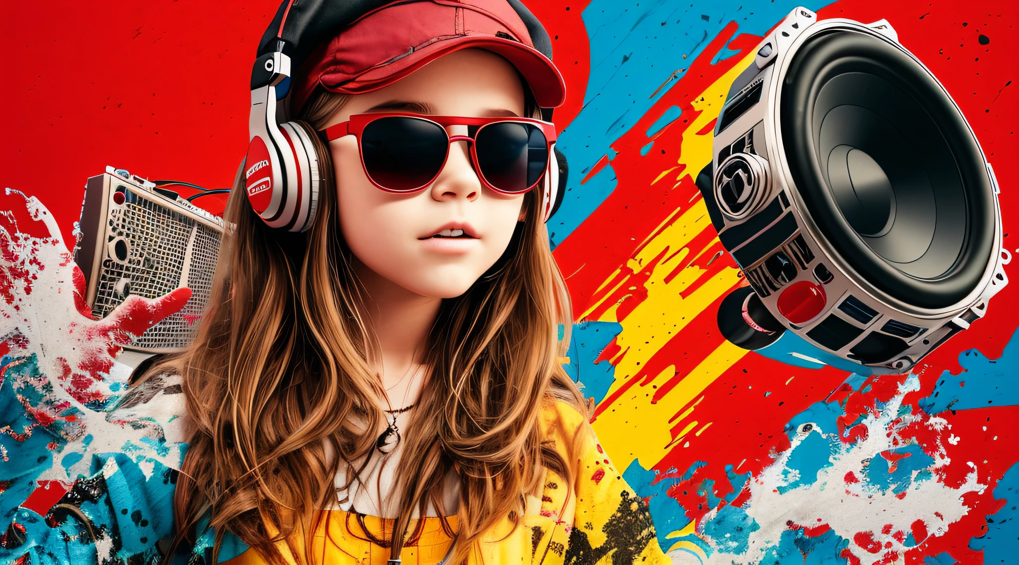 CHILD BLONDE LONG HAIR WEARING A HAT, holding a boombox and pointing with his hand, boombox, music guy, ghetto blaster, on a red background, playing for music, on red background, dj, very low quality picture, red sunglasses and a guitar, big ghetto blaster, with headphones, music is life, new music, vibrating with music