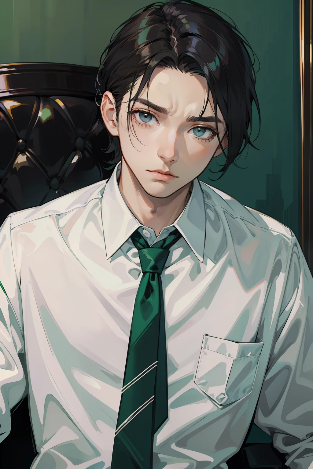 guy, black hair, tousled, gray eyes, pale, ah high, lean, white shirt, gloomy, green tie